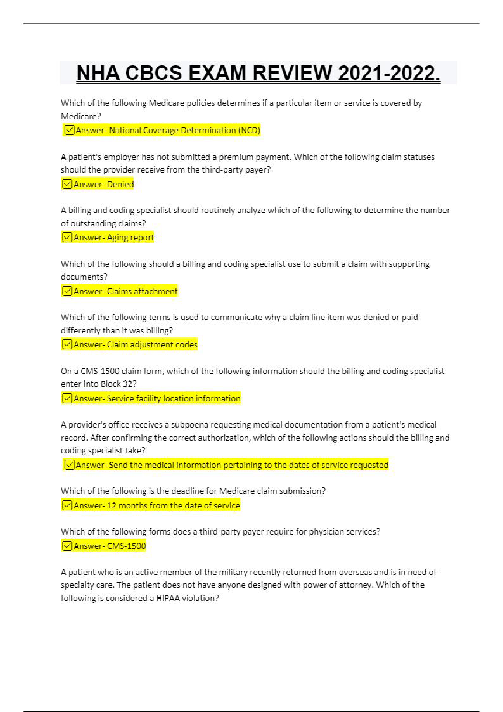 NHA CBCS EXAM REVIEW ANSWERED (FALL 2022)