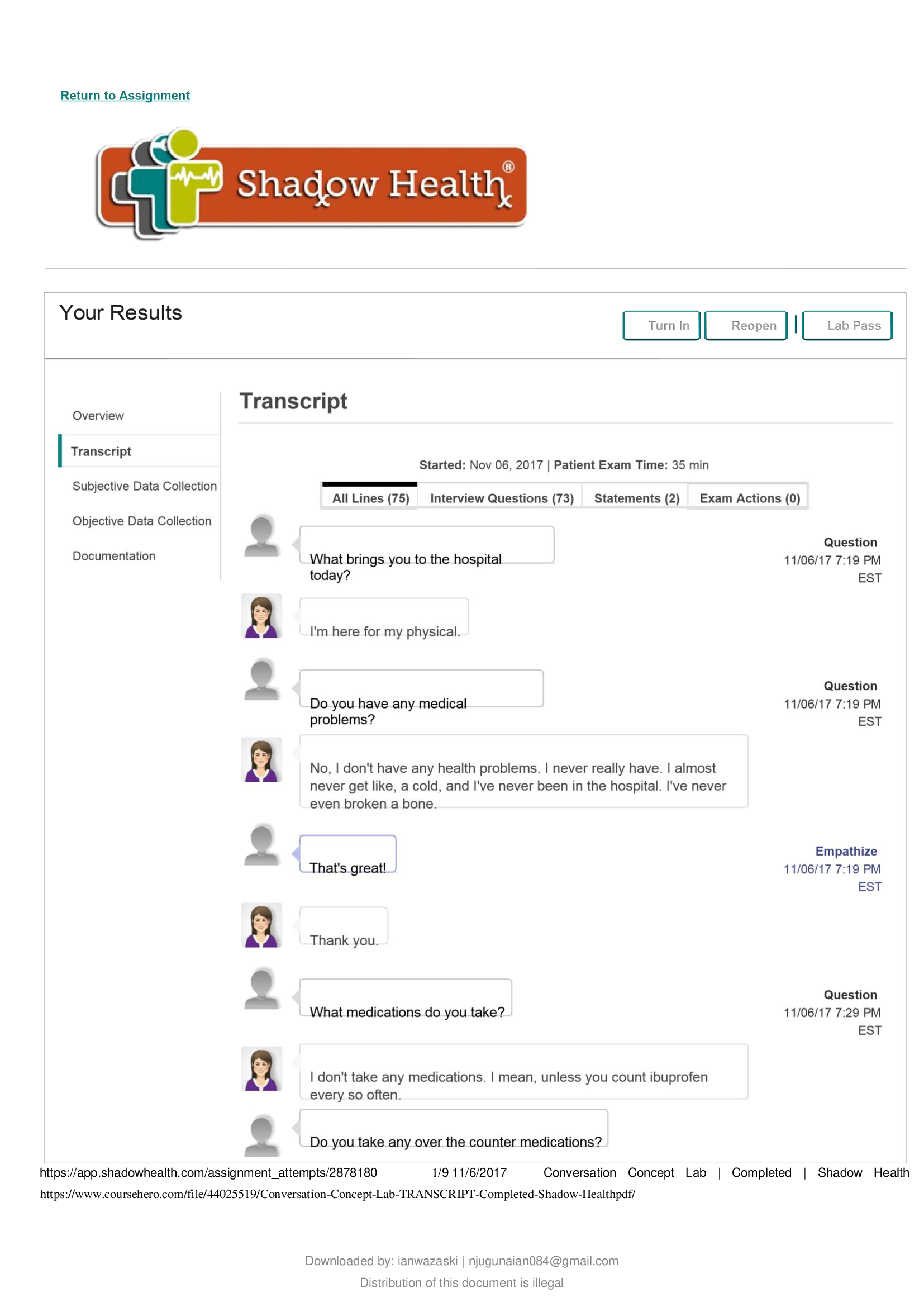 NRSE 4560 Conversation Concept Lab TRANSCRIPT  Completed  Shadow Health latest update 2020