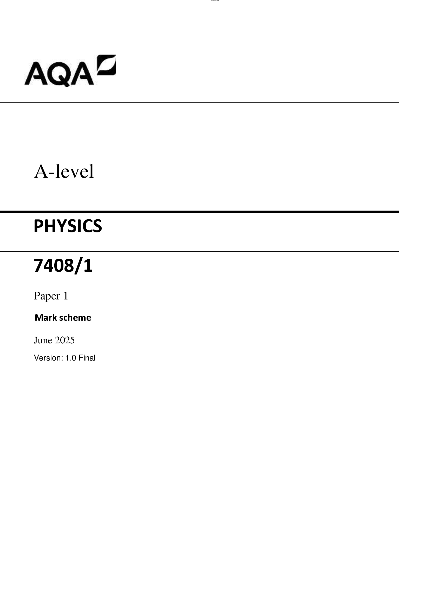Actual 2026 AQA A-level PHYSICS 7408,1 Paper 1 Merged Question Paper + Mark Scheme + Insert