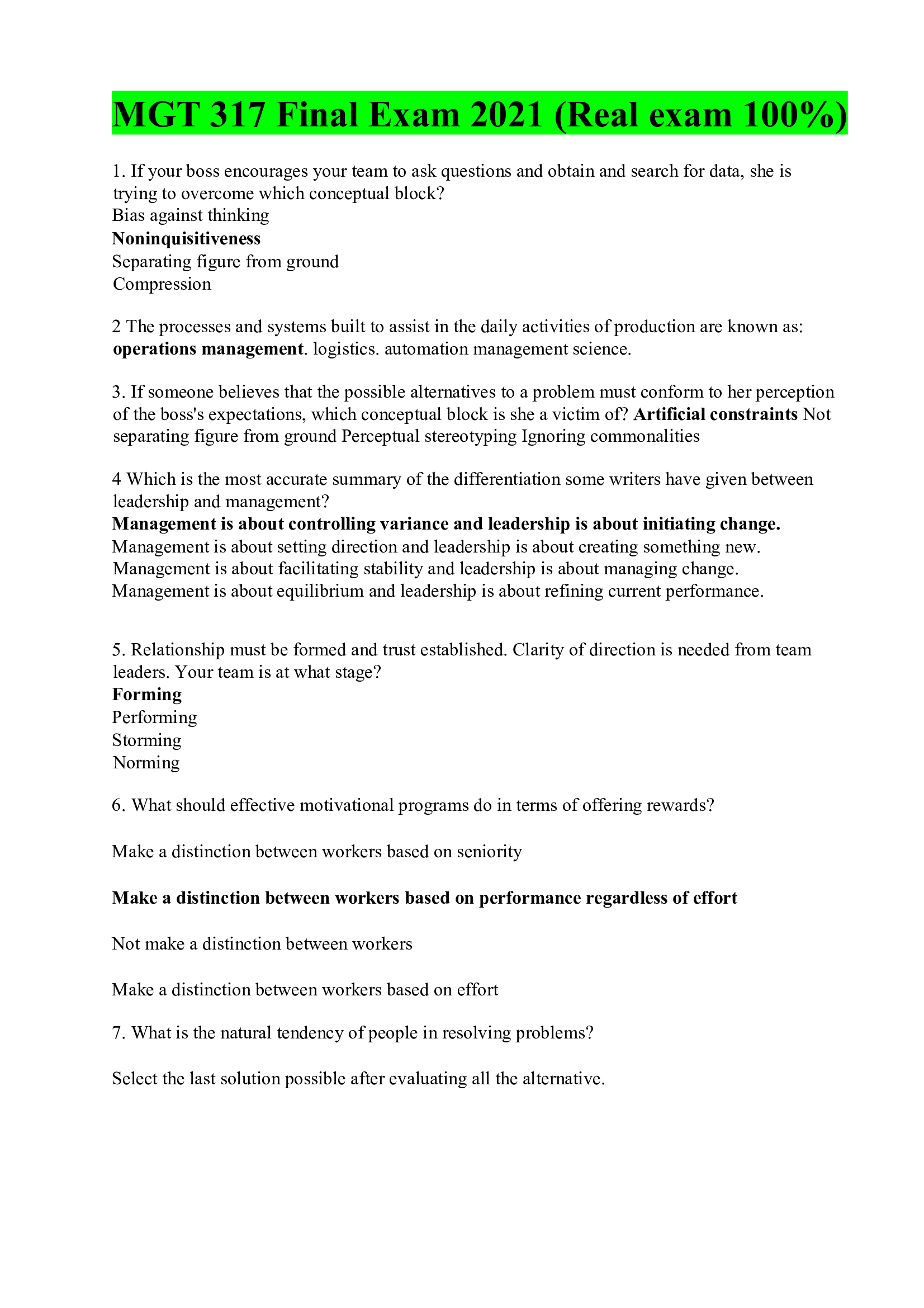 MGT 317 Final Exam 2021 (Real exam 100 percent)