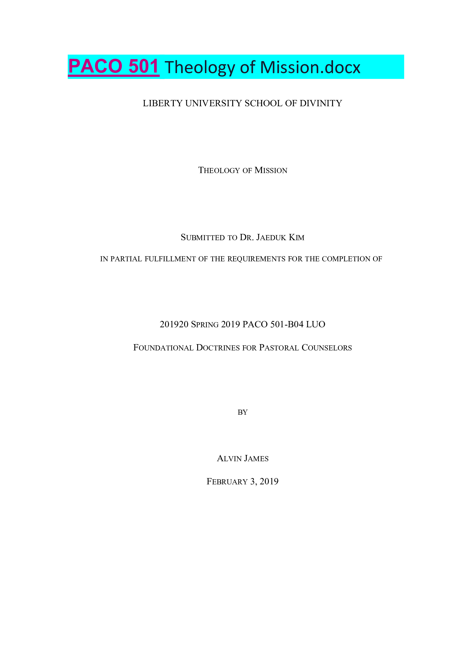 PACO 501 Theology of Mission Latest 2021