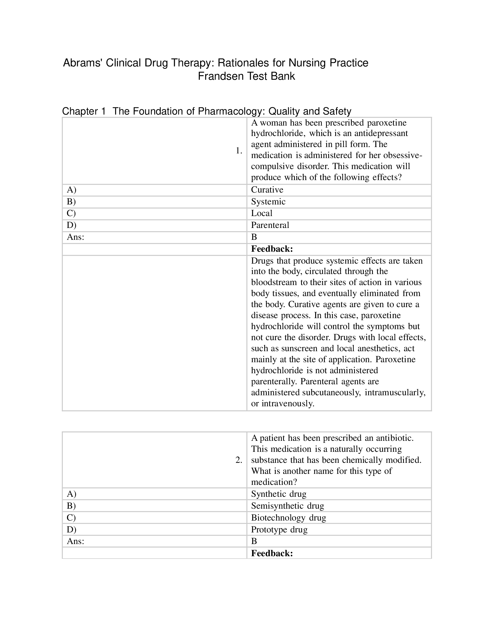 Test Bank for Abrams Clinical Drug Therapy; Rationales for Nursing Practice, Tenth edition, Geralyn Frandsen
