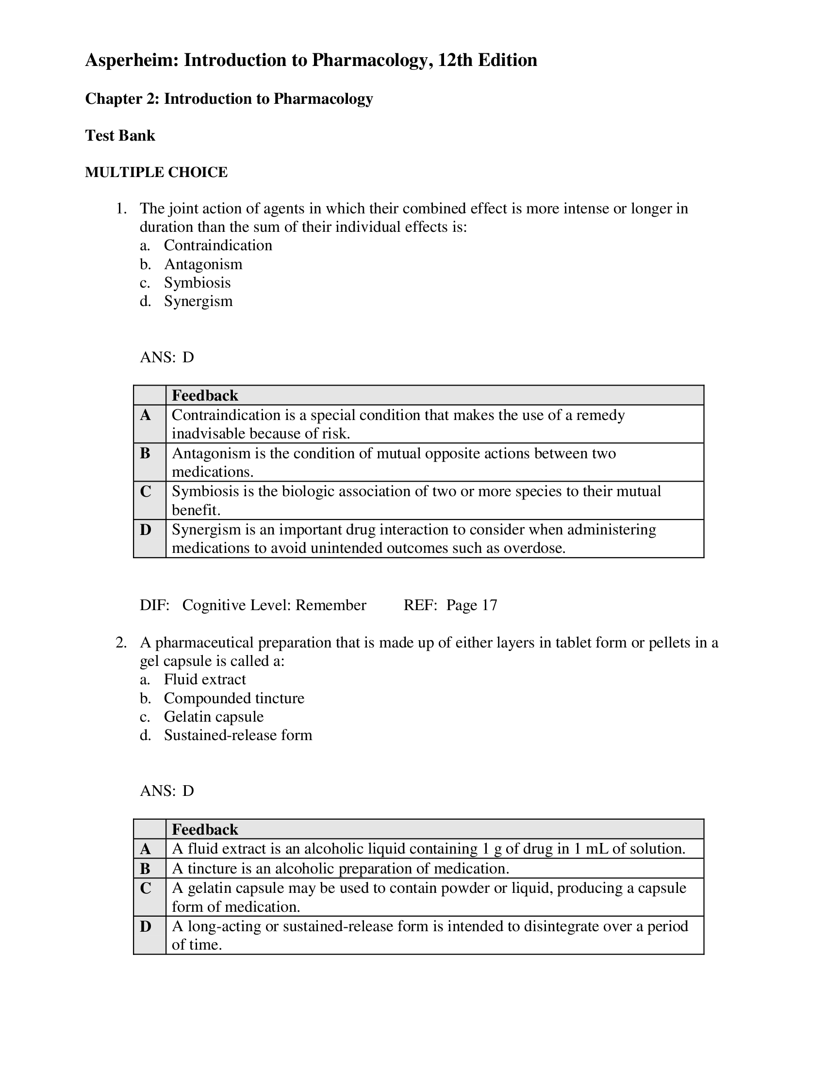 Test Bank for Introduction to Pharmacology 12th Edition by Favaro