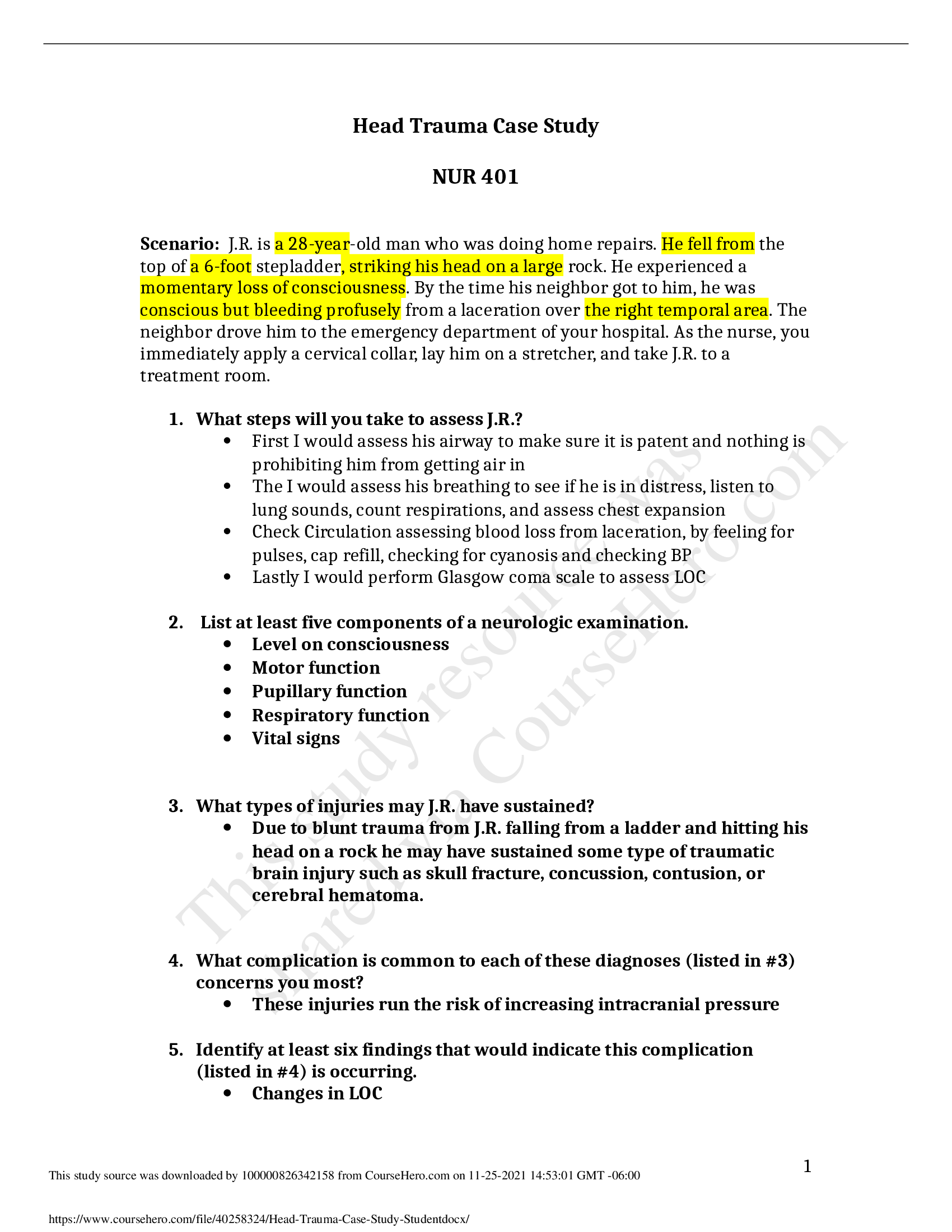 Head Trauma Case Study-J.R Scenario