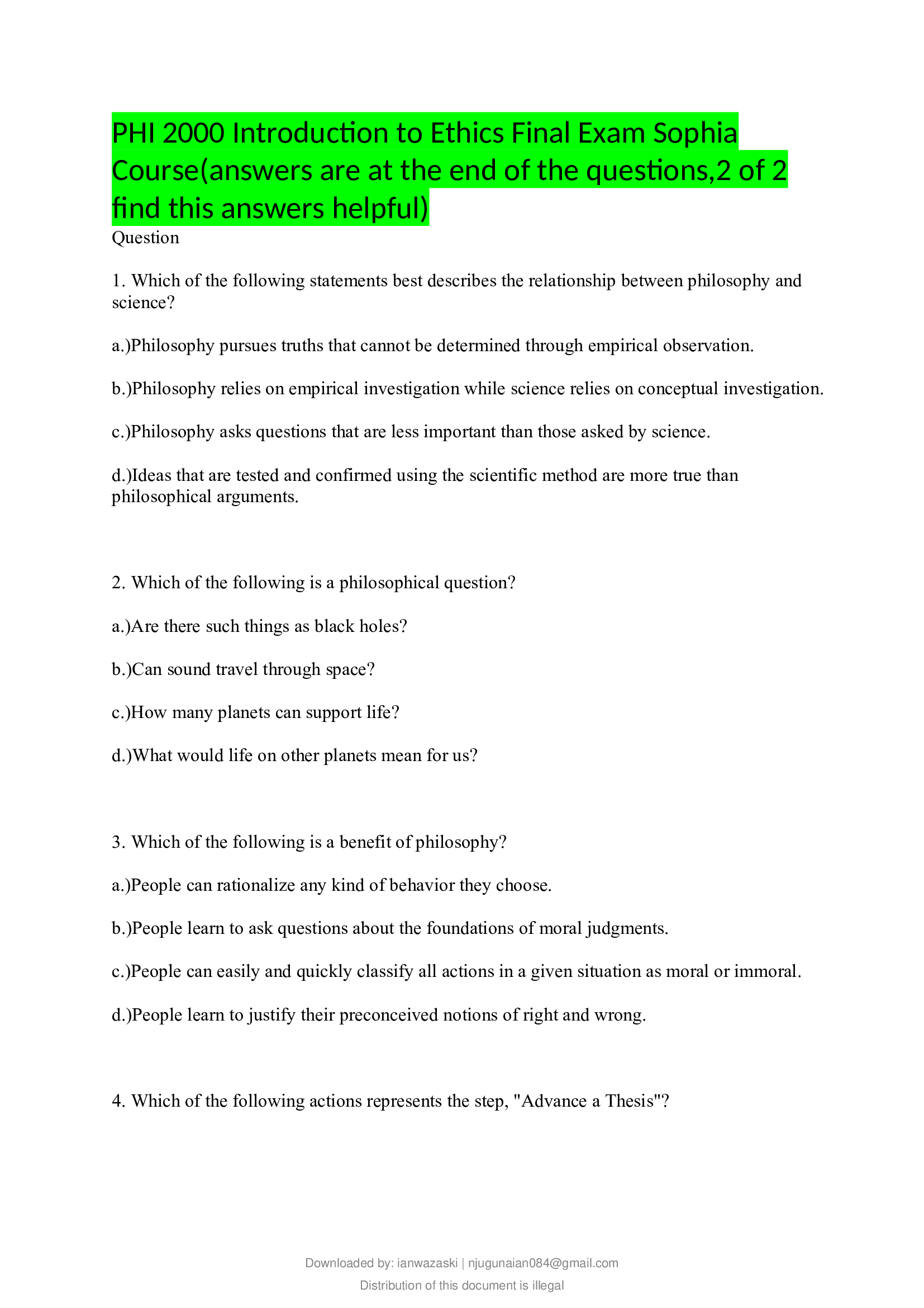 PHI 2000 Introduction to Ethics Final Exam Sophia Course (answers are at the end of the questions,2 of 2 find this answers helpful)