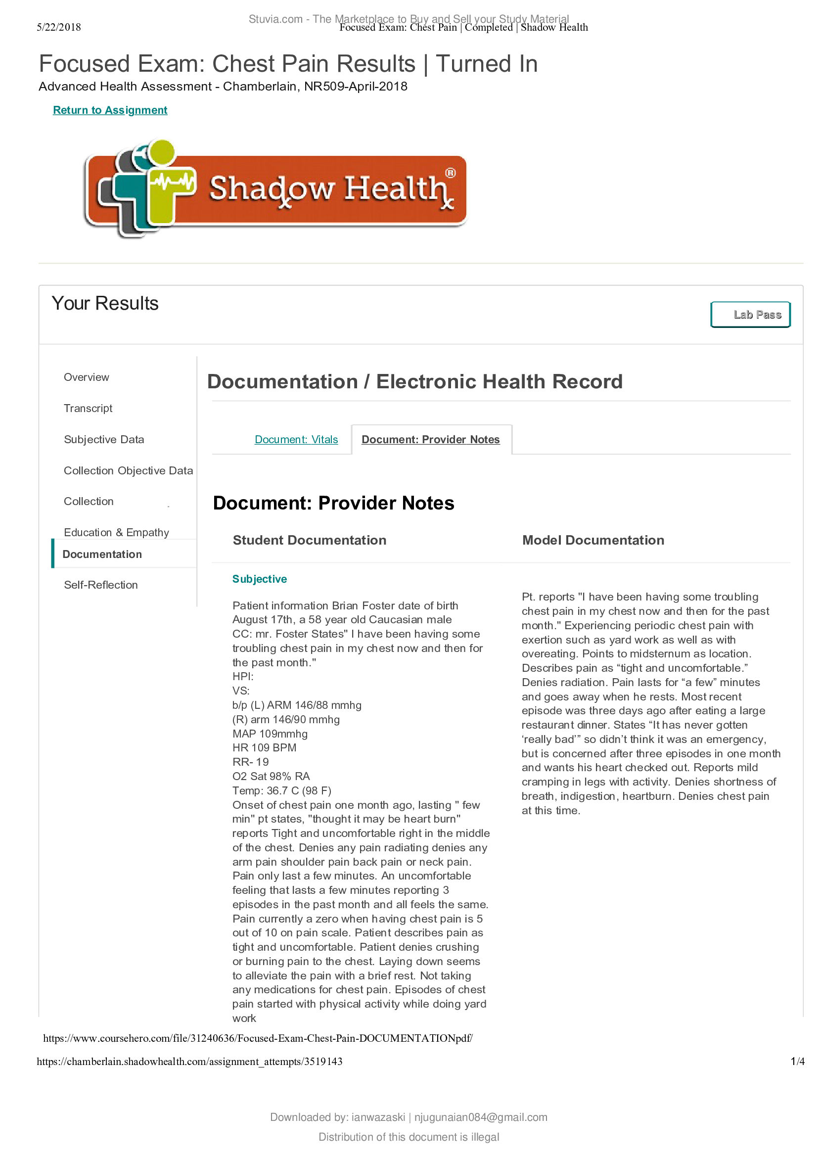 NUR550 Focused Note Chest Pain Brian Foster ; Latest 2019, 20 Solution Guide, Already Graded A, Chamberlain College of Nursing