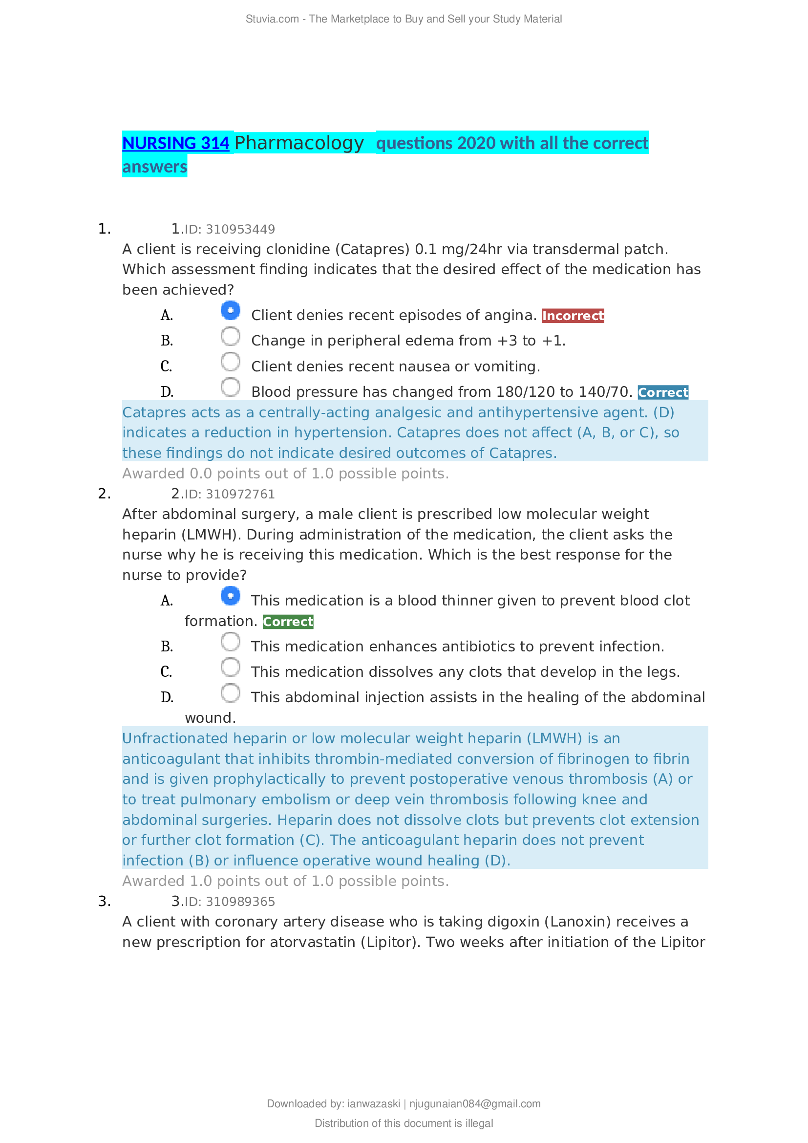NURSING 314 Pharmacology  questions 2020 with all the correct answers(contains 203 questions with correct answers)