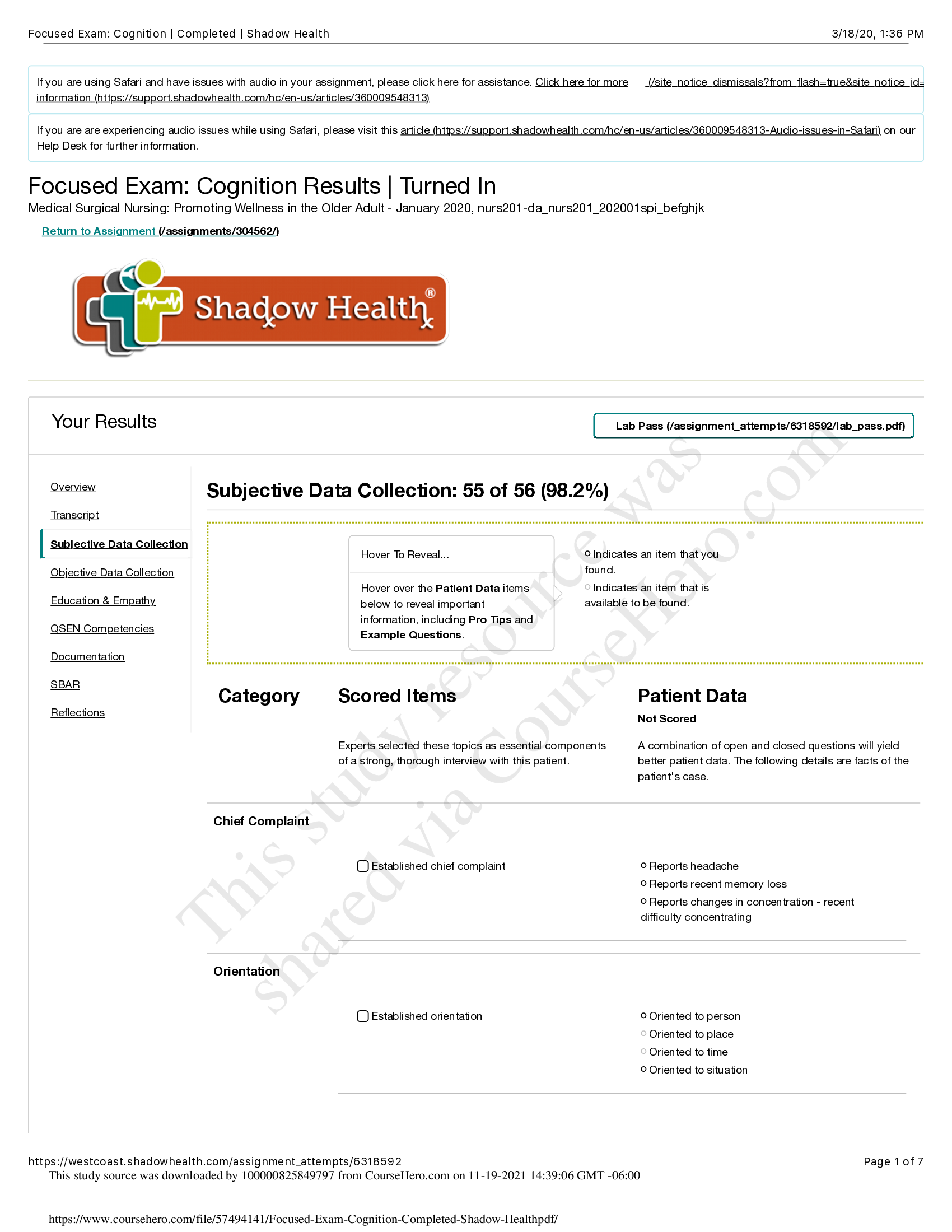 NUR HEALTH ASS Focused Exam Cognition  Completed Shadow Health