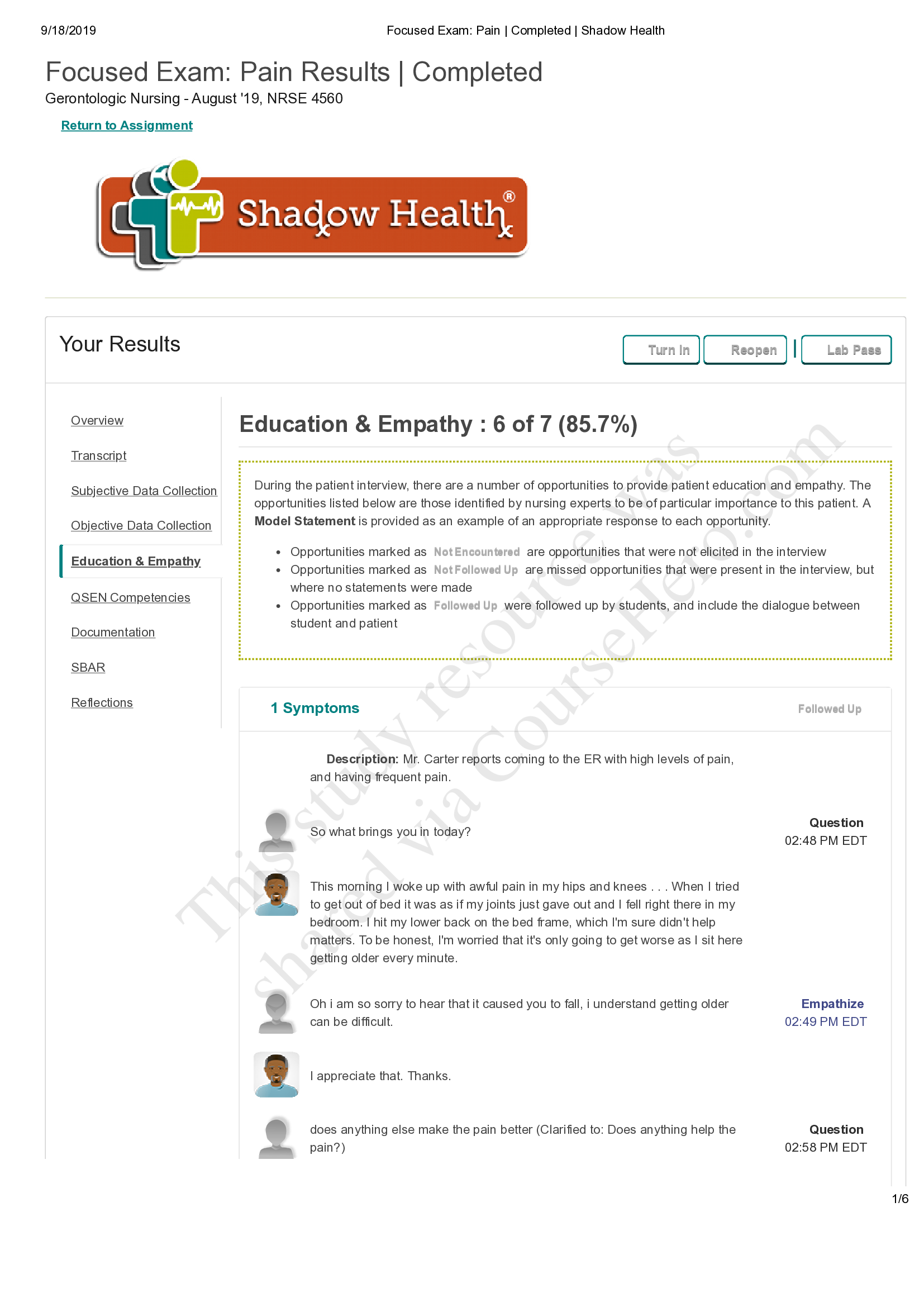 NRSE 4560 Focused Exam; Pain . Completed . Shadow Health , Focused Exam; Pain Results; Edward Carter
