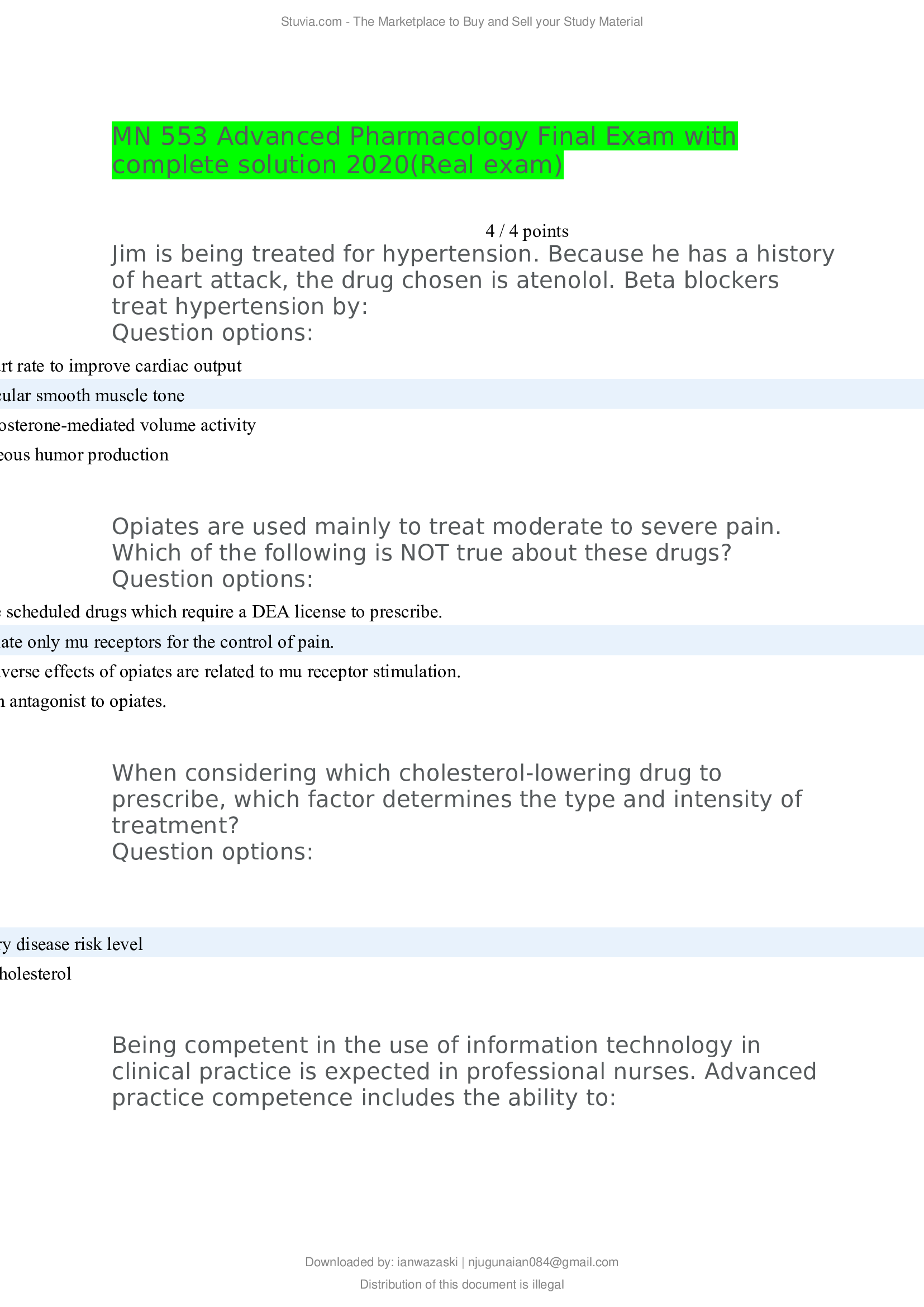 MN 553 Advanced Pharmacology Final Exam with complete solution 2020(Real exam)