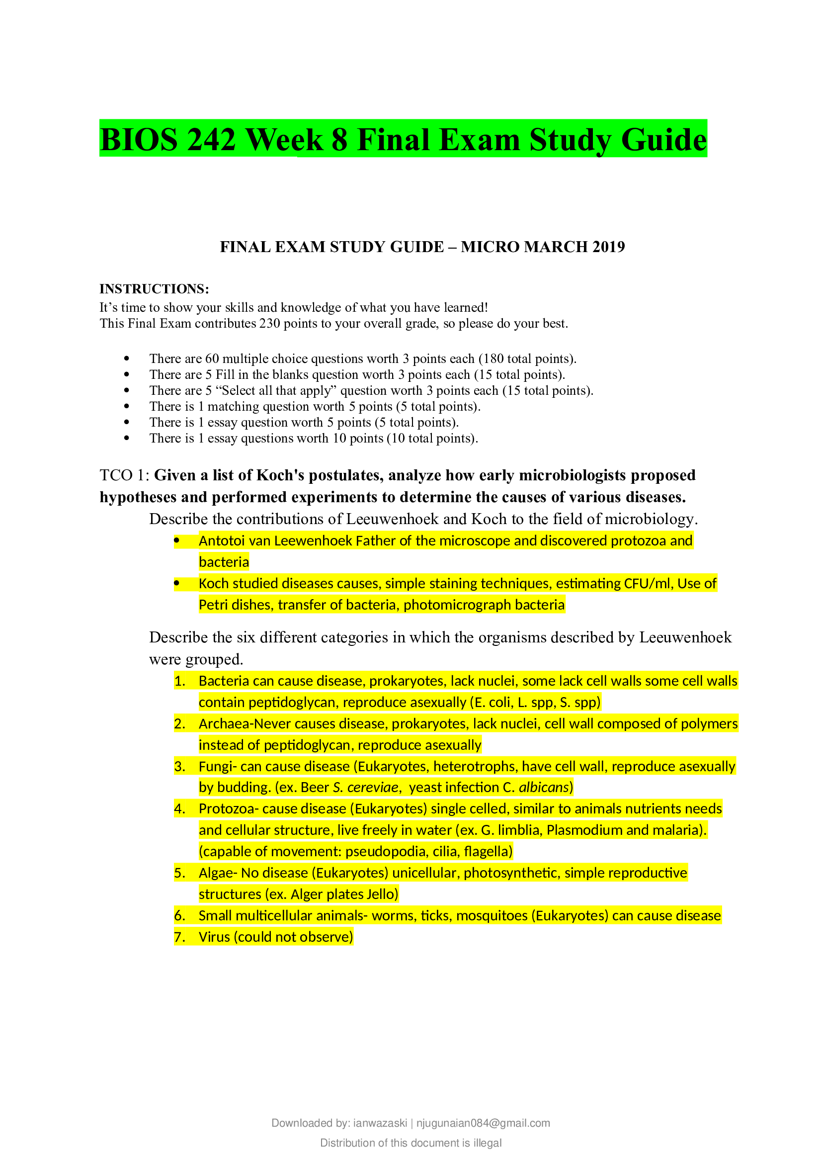 BIOS 242 Week 8 Final Exam Study Guide