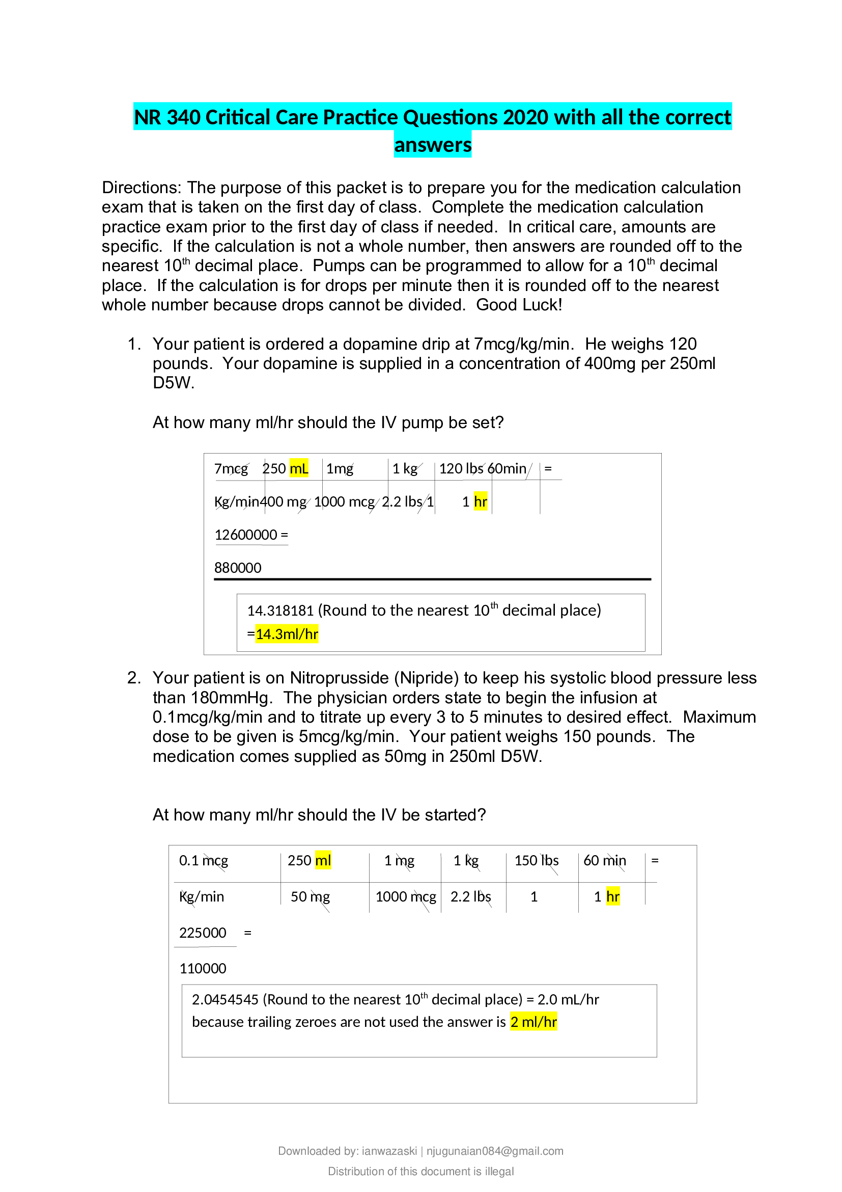 NR 340 Critical Care Practice Questions 2020 with all the correct answers