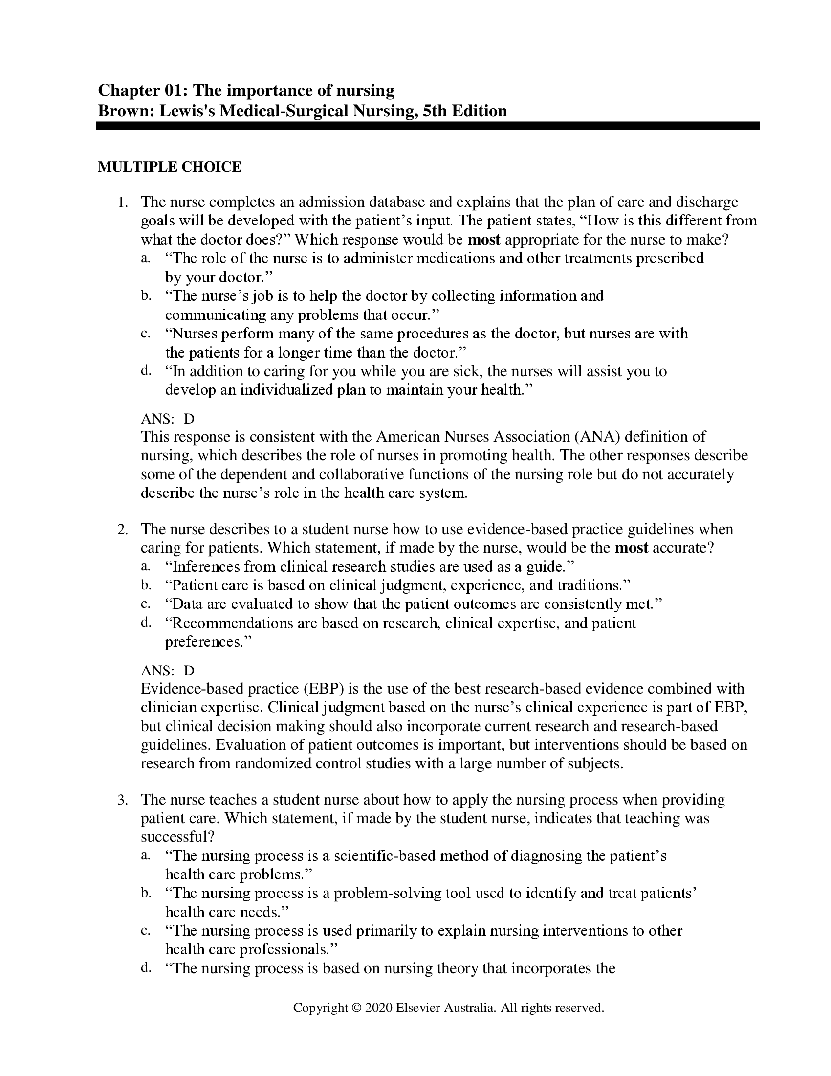 Test Bank for Lewis Medical Surgical Nursing 5th AUSTRALIAN Edition by Brown