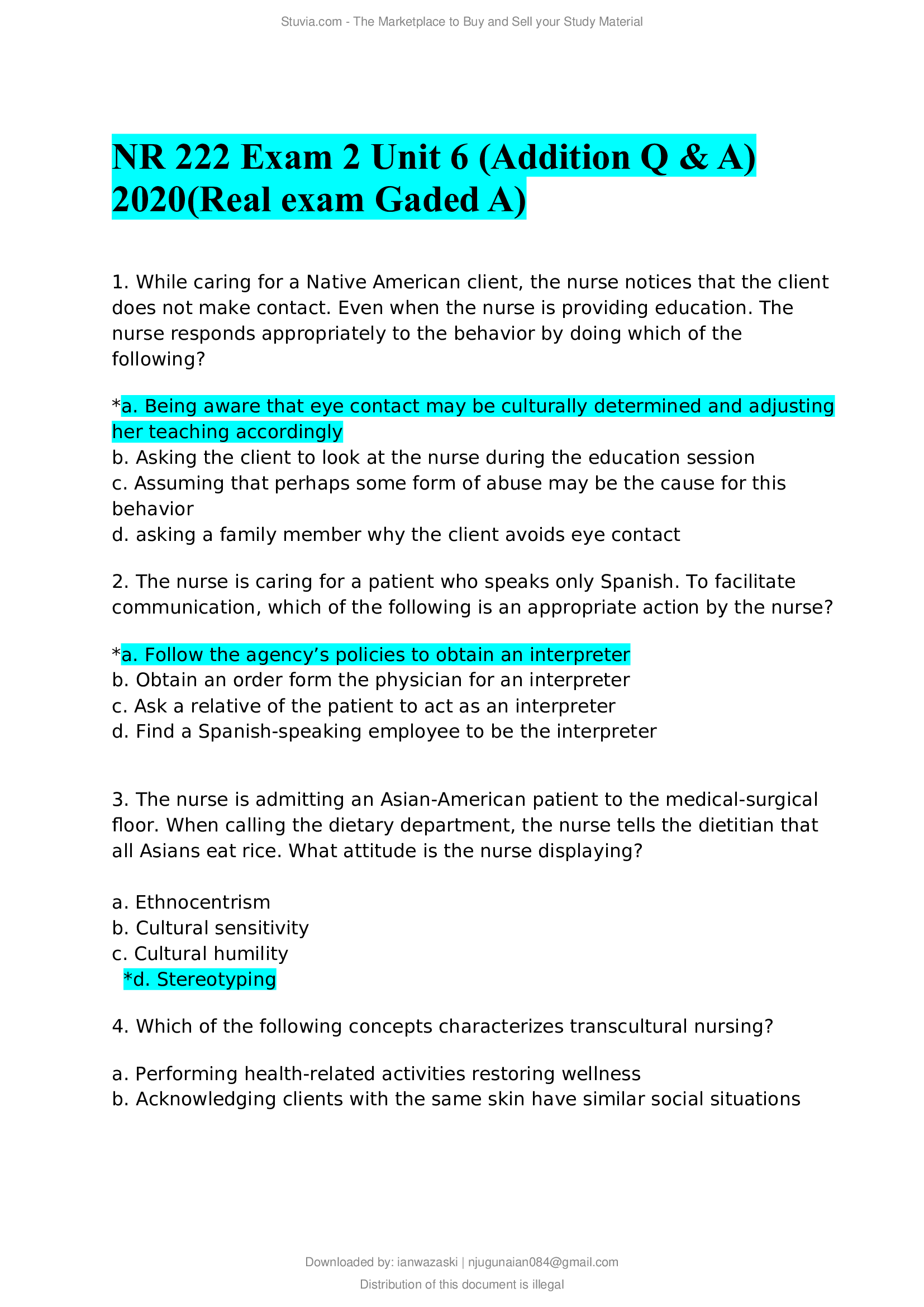 NR 222 Exam 2 Unit 6 (Addition Q & A) 2020 (Real exam Graded A)