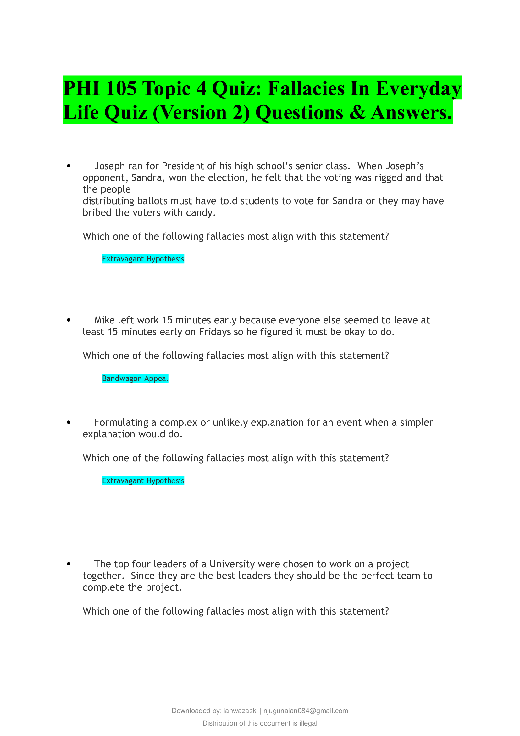 PHI 105 Topic 4 Quiz; Fallacies In Everyday Life Quiz (Version 2) Questions & Answers
