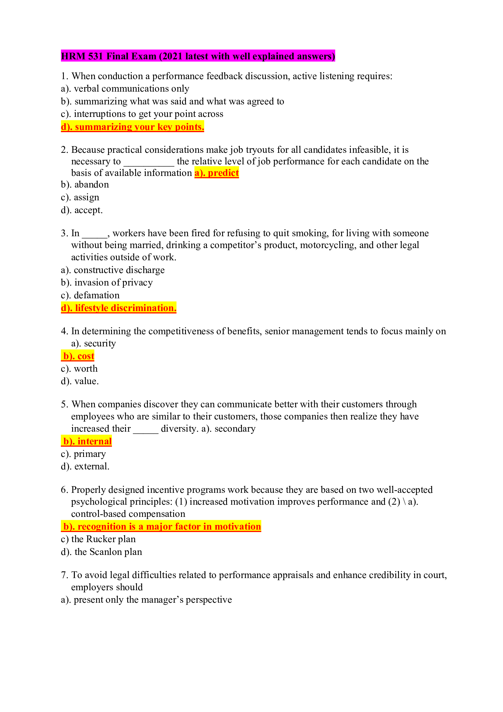 HRM 531 Final Exam (2021 latest with well explained answers)