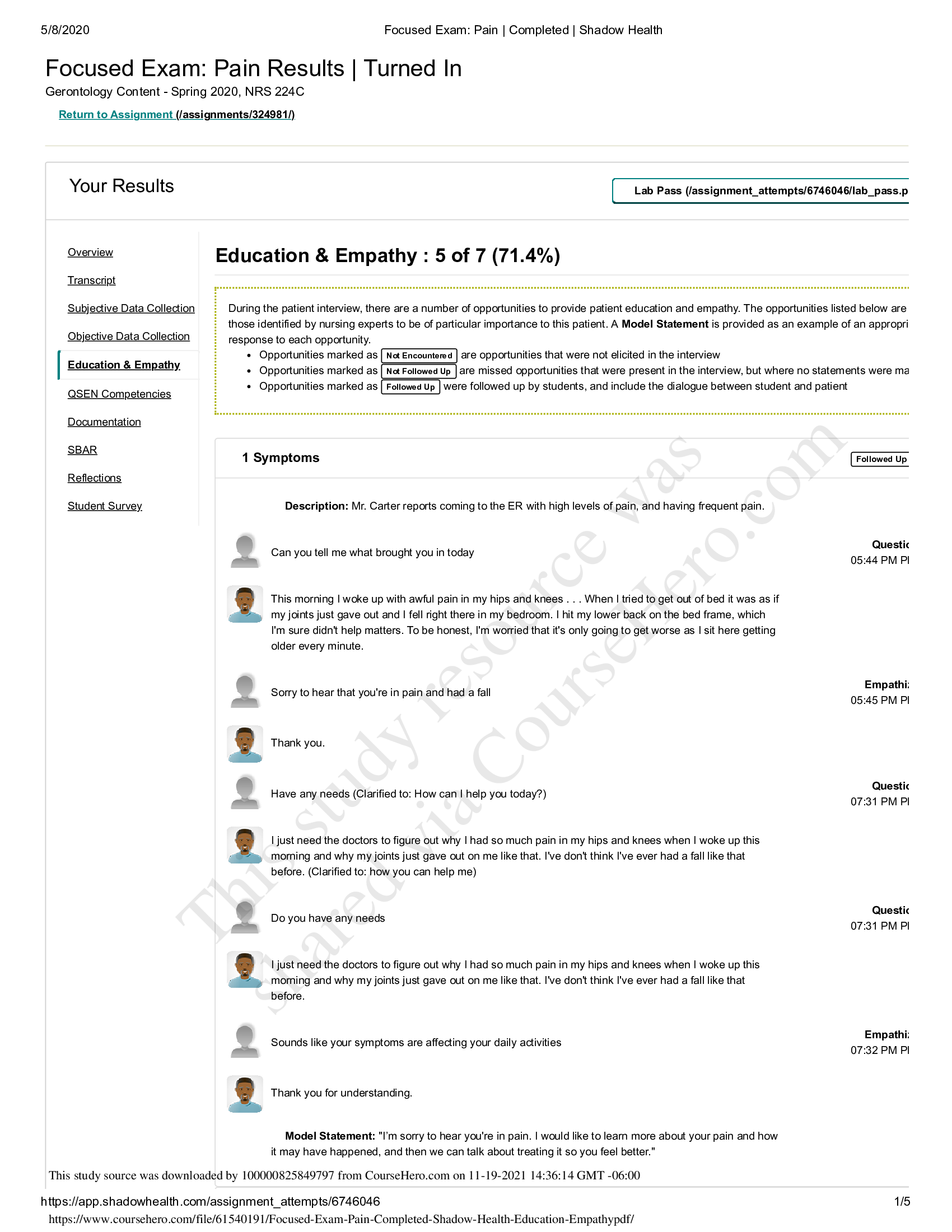 NRS 224C Assignment 3 Conflict Management Completed Shadow Health Prioritizing Individual Patient; Score-20 Out of 20