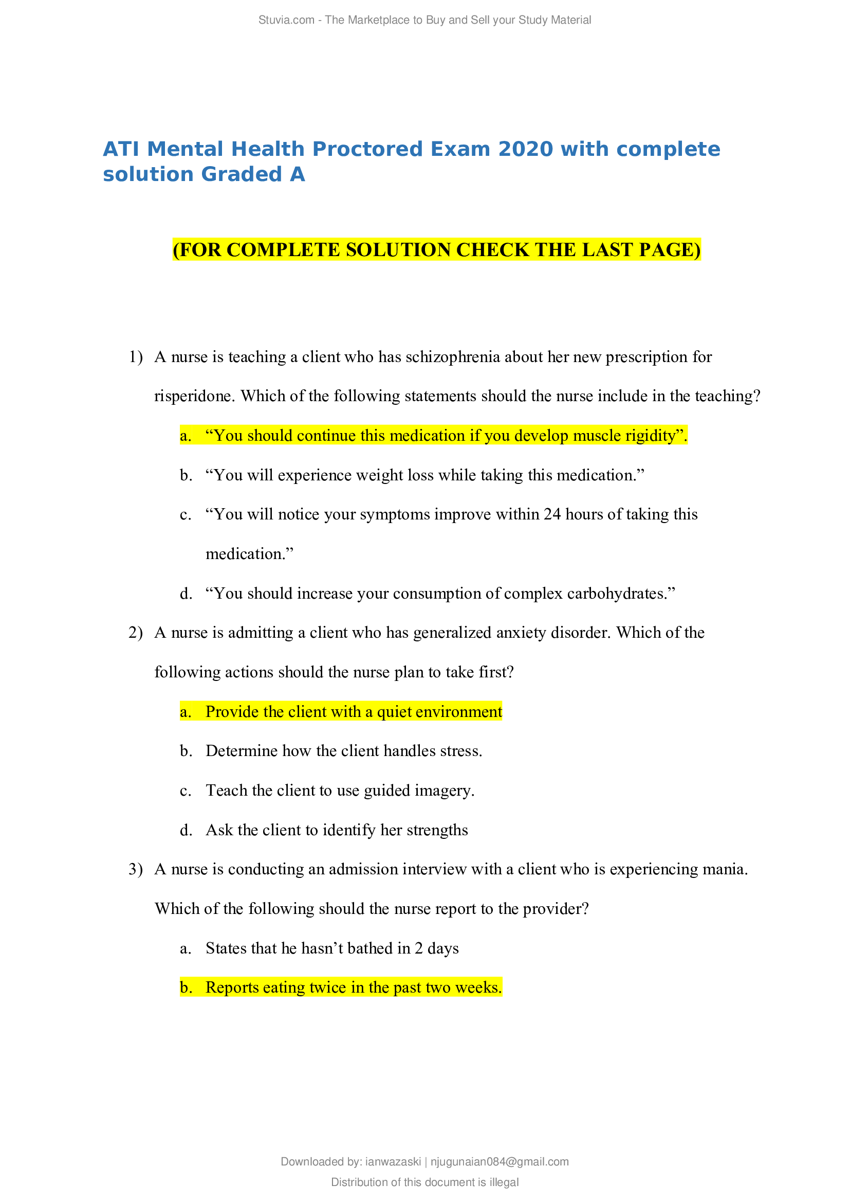 ATI Mental Health Proctored Exam 2020 with complete solution Graded A