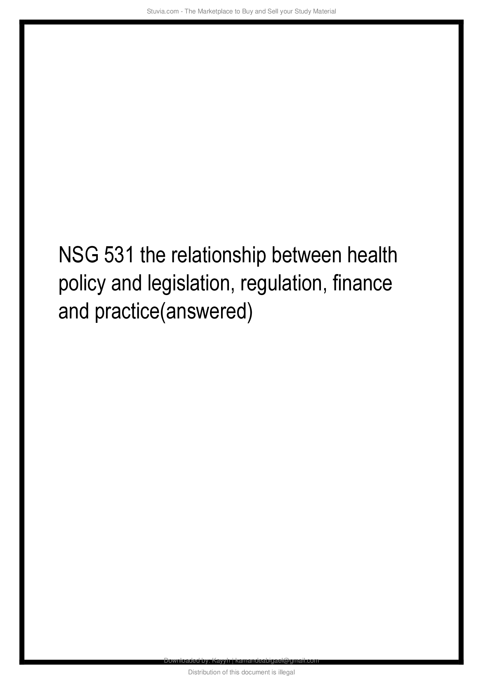 NSG 531 the relationship between health policy and legislation, regulation, finance and practice(answered)