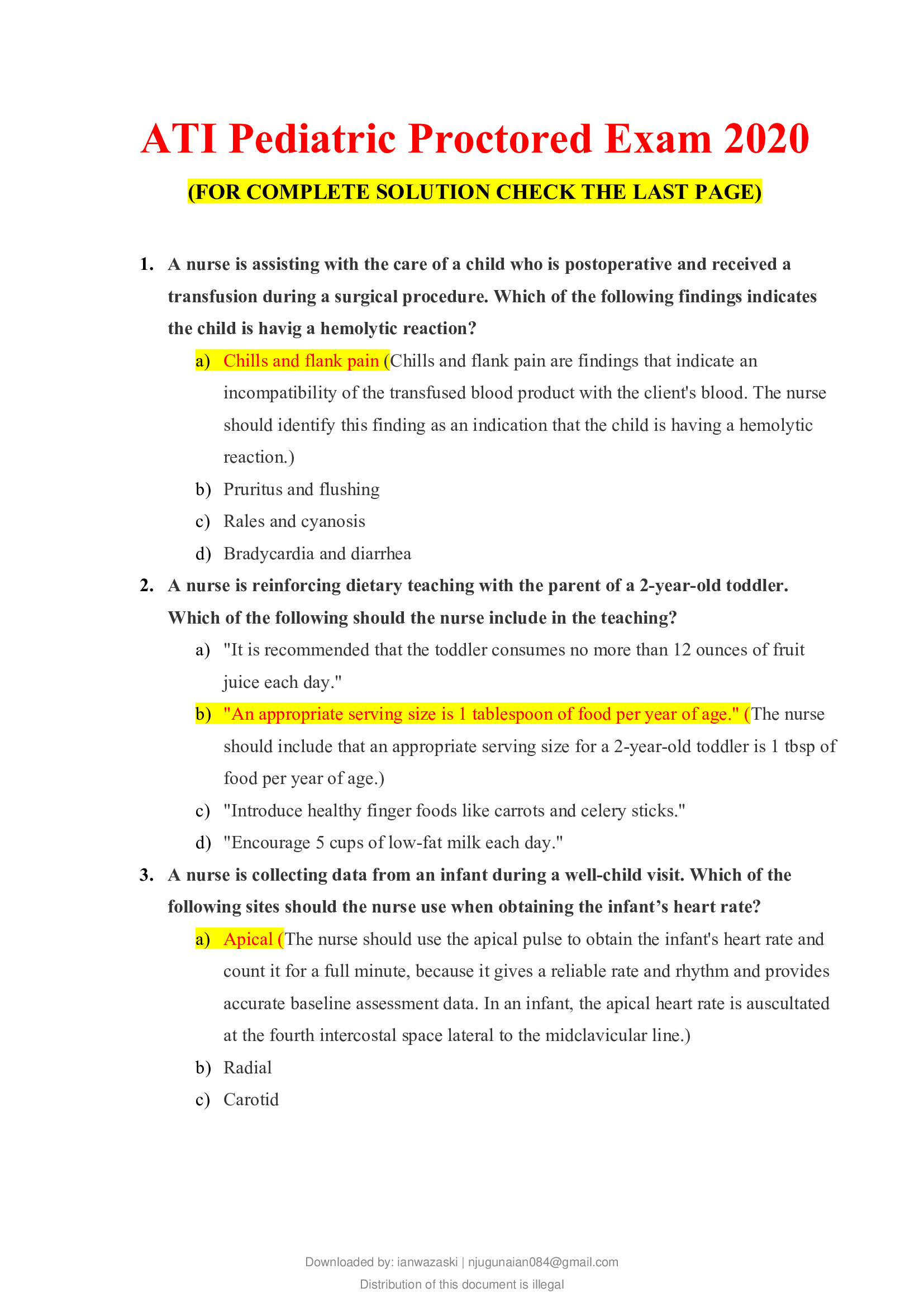 ATI Pediatric Proctored Exam 2020