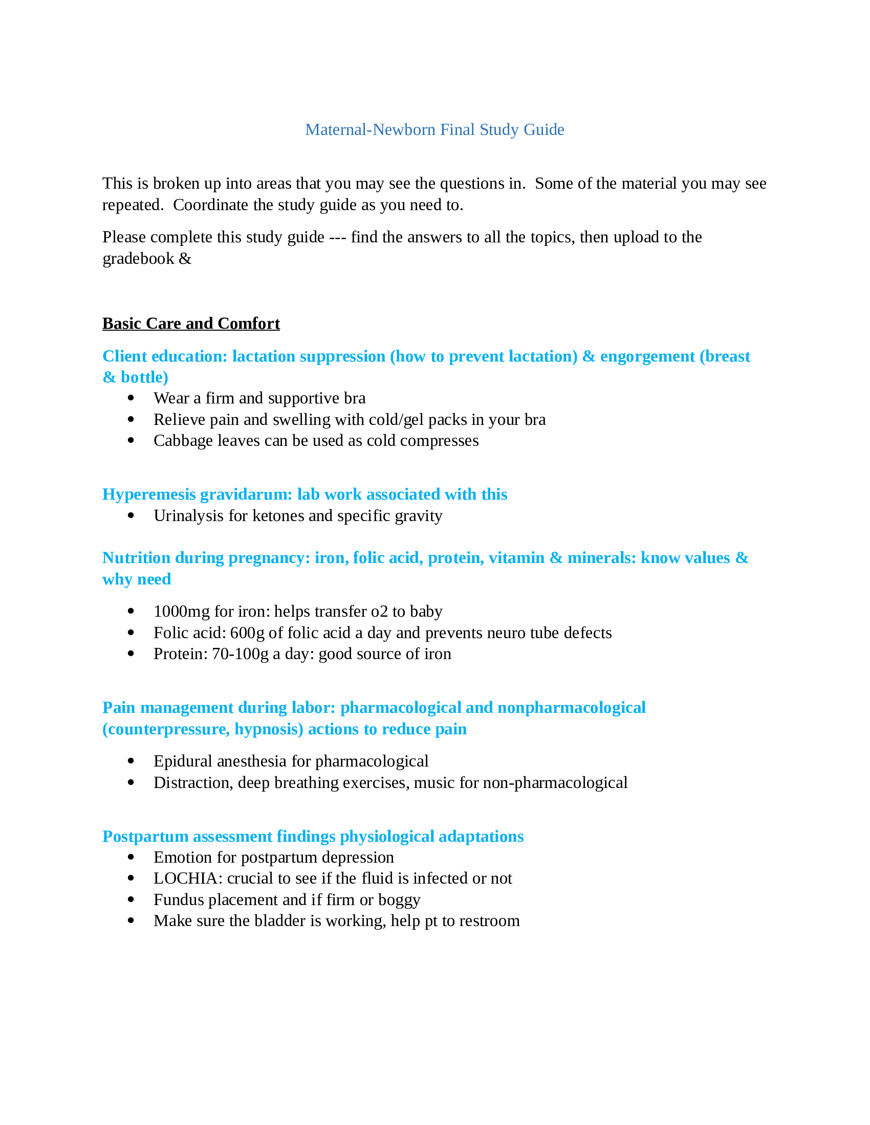 Chamberlain College of Nursing - NR 327 Maternal-Newborn Final Study Guide (Complete A guide) very helpful
