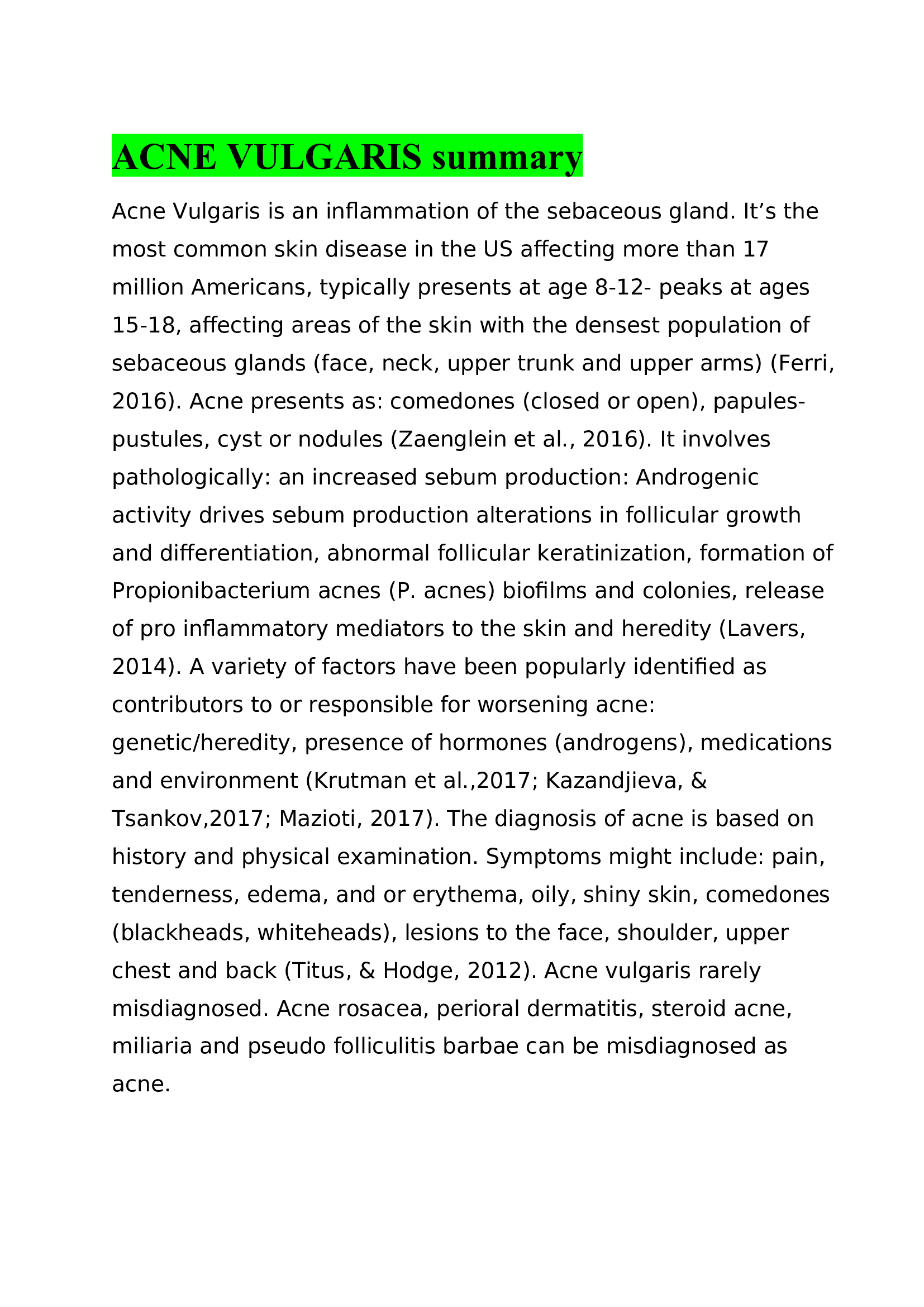 ACNE VULGARIS summary