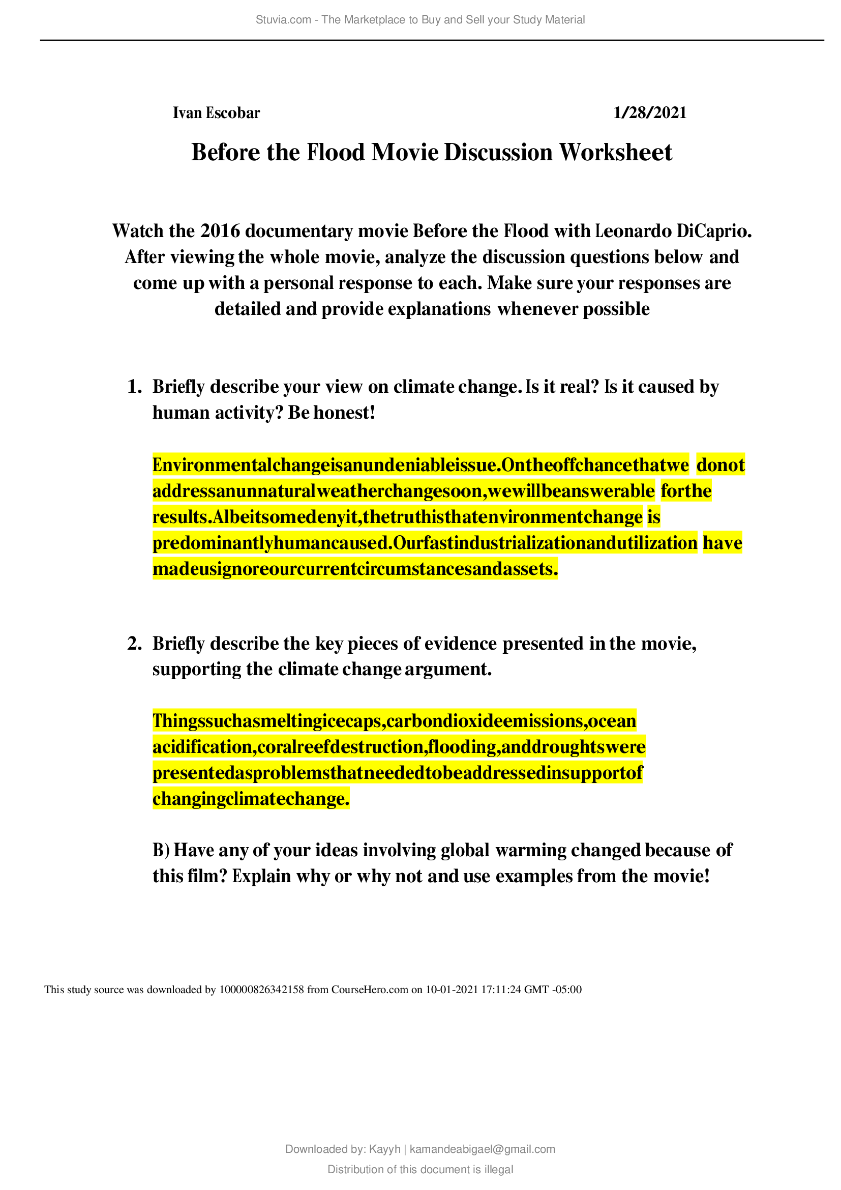 Before the Flood Movie Discussion Worksheet