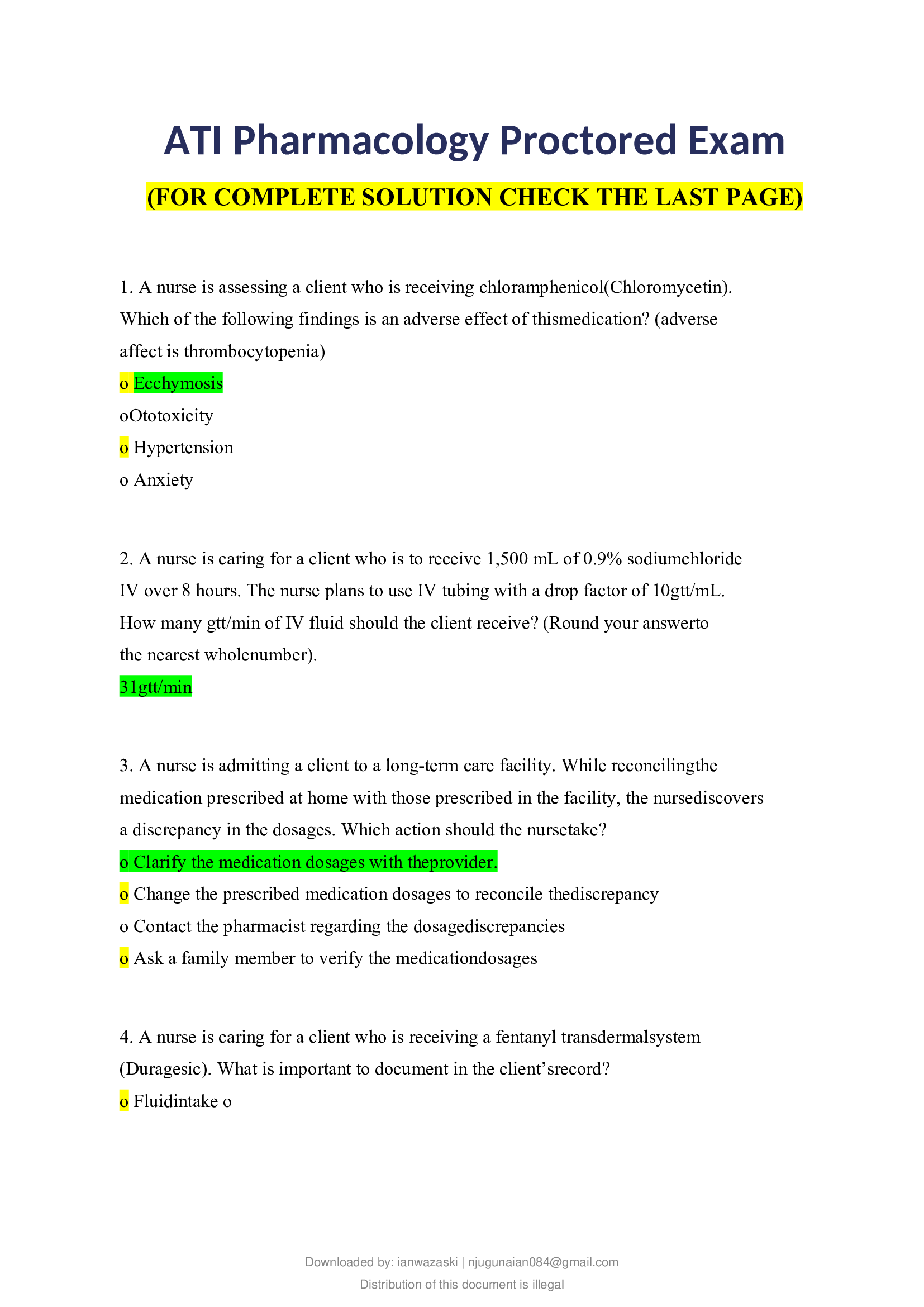 ATI Pharmacology Proctored Exam