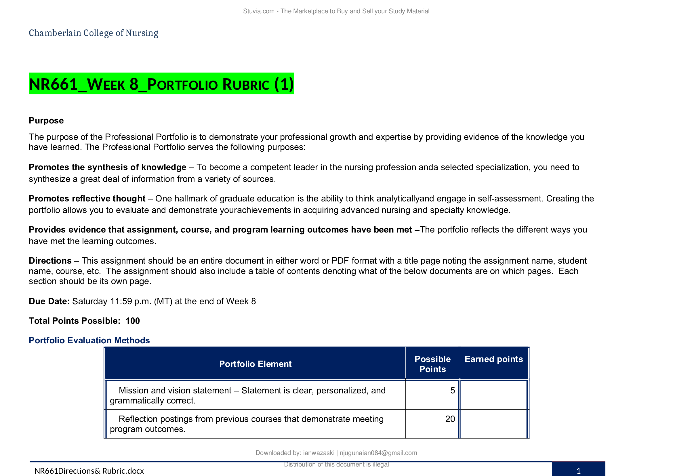 NR661 WEEK 8 PORTFOLIO RUBRIC