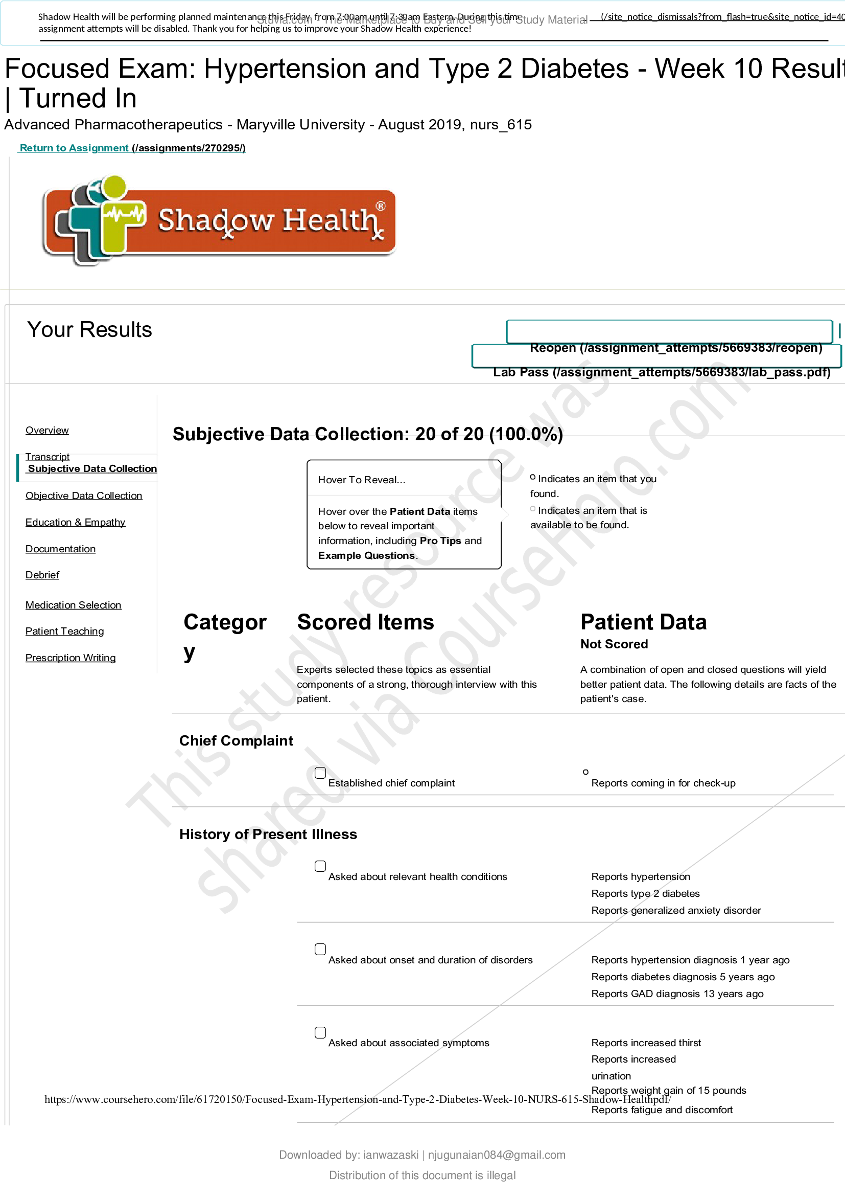 Focused Exam_ Hypertension and Type 2 Diabetes - Week 10 NURS 615 Shadow Health
