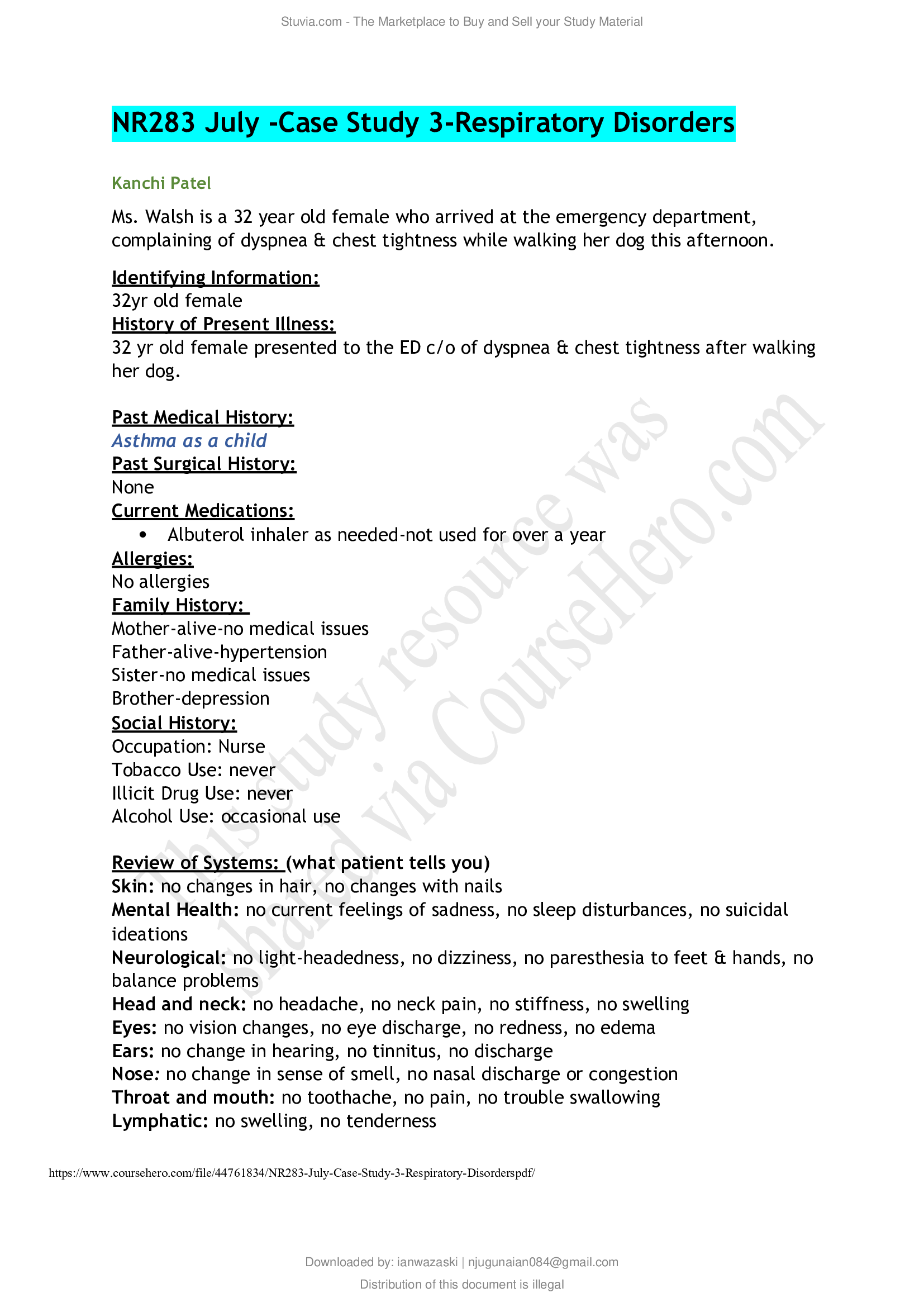 NR283 July -Case Study 3-Respiratory Disorders