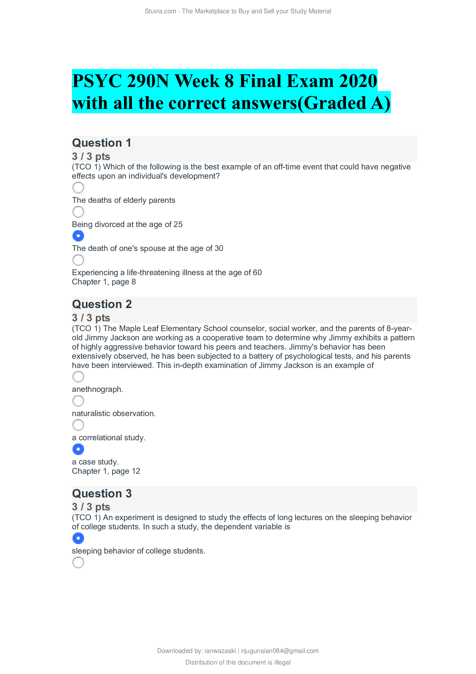 PSYC 290N Week 8 Final Exam 2020 with all the correct answers(Graded A Real exam)