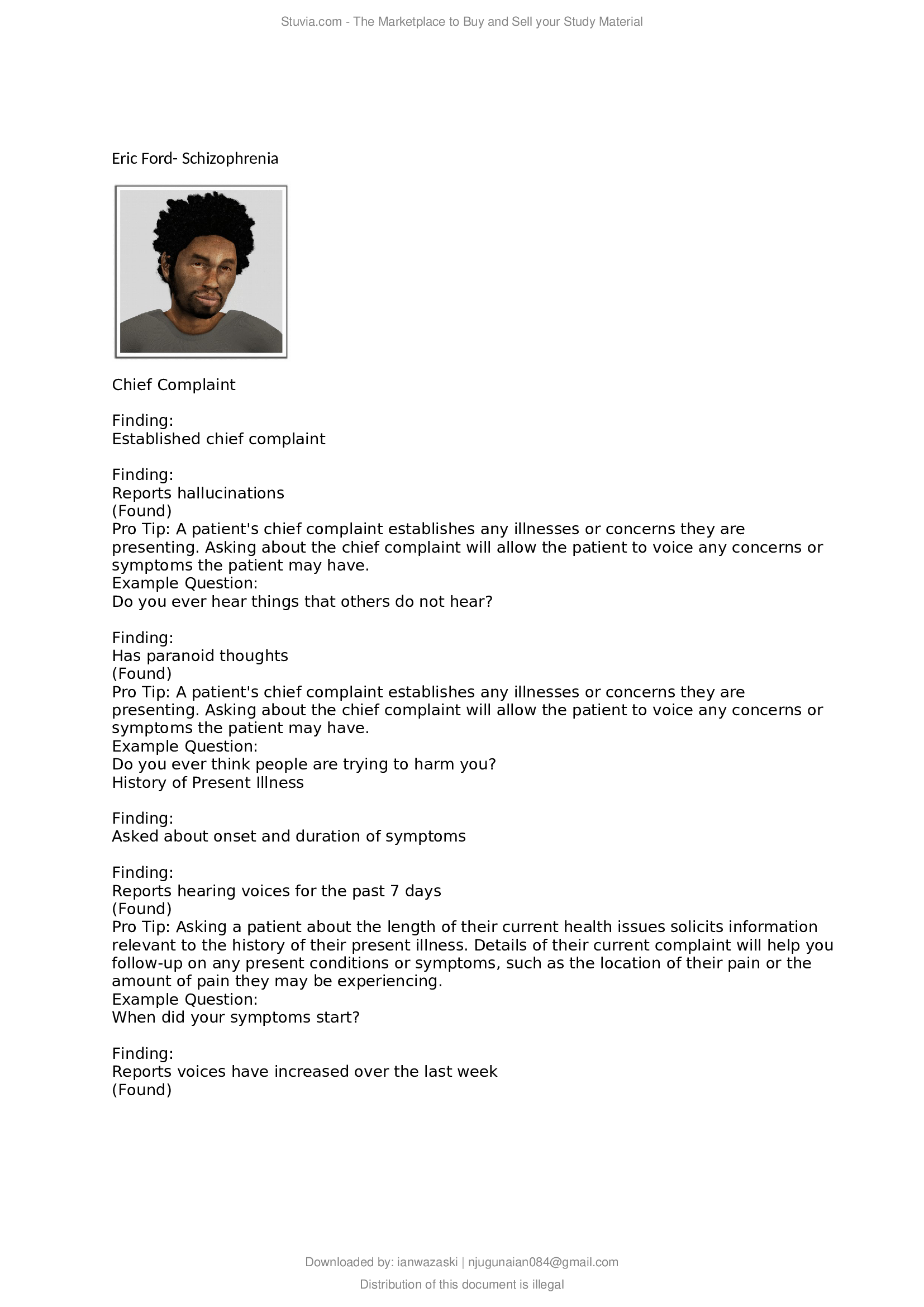 Focused Exam , Shadow Health Eric Ford- Schizophrenia , complete.