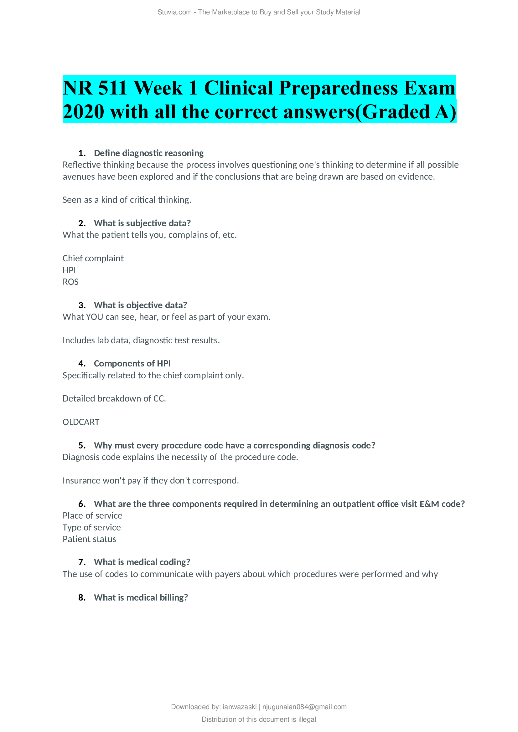 NR 511 Week 1 Clinical Preparedness Exam 2020 with all the correct answers(Graded A)