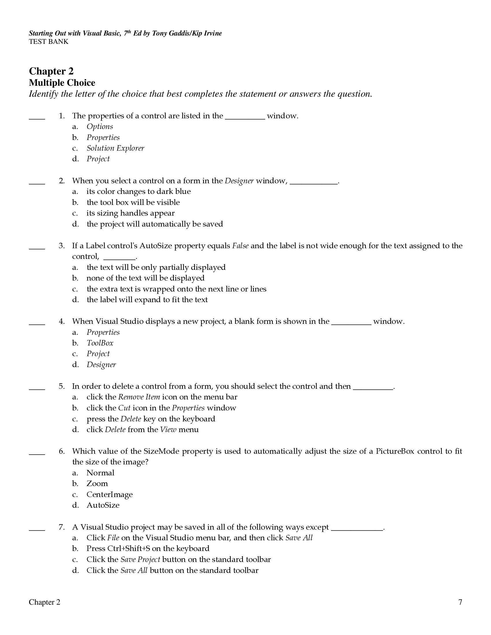 Test Bank for Starting Out With Visual Basic, 7th Edition by Tony Gaddis, Kip Irvine