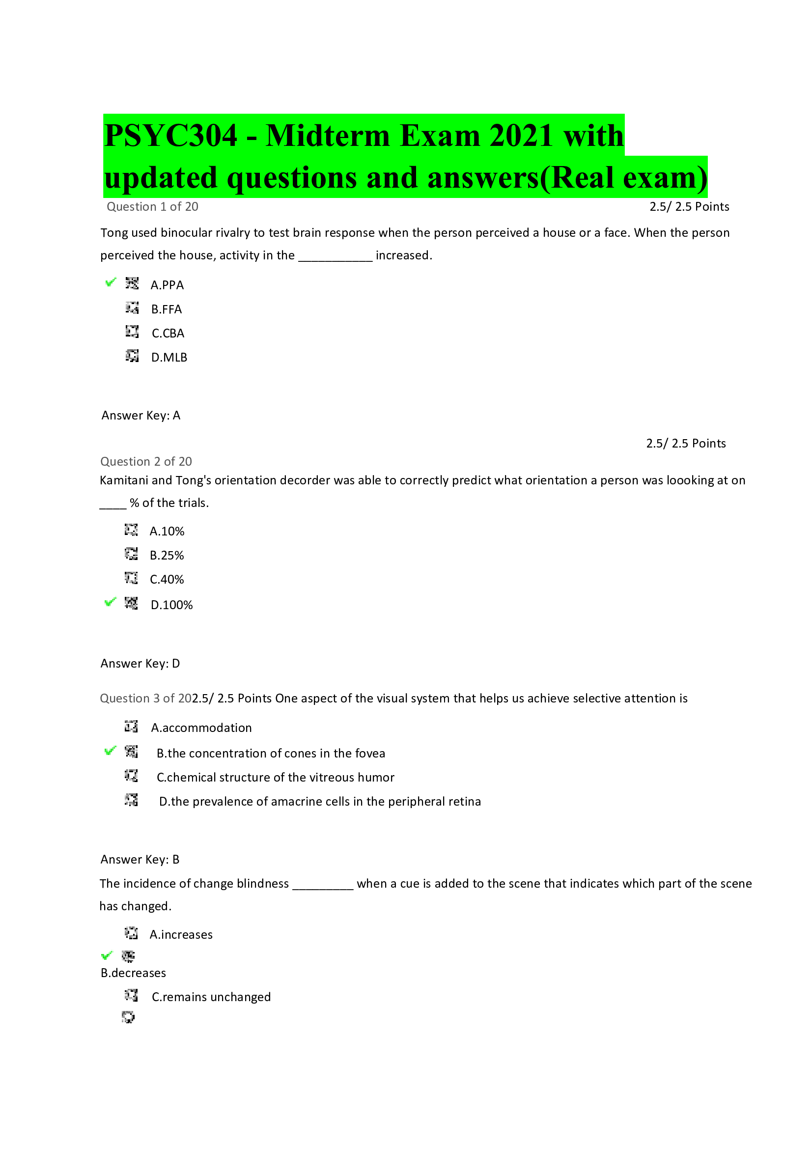 PSYC304 - Midterm Exam 2021 with updated questions and answers (Real exam)