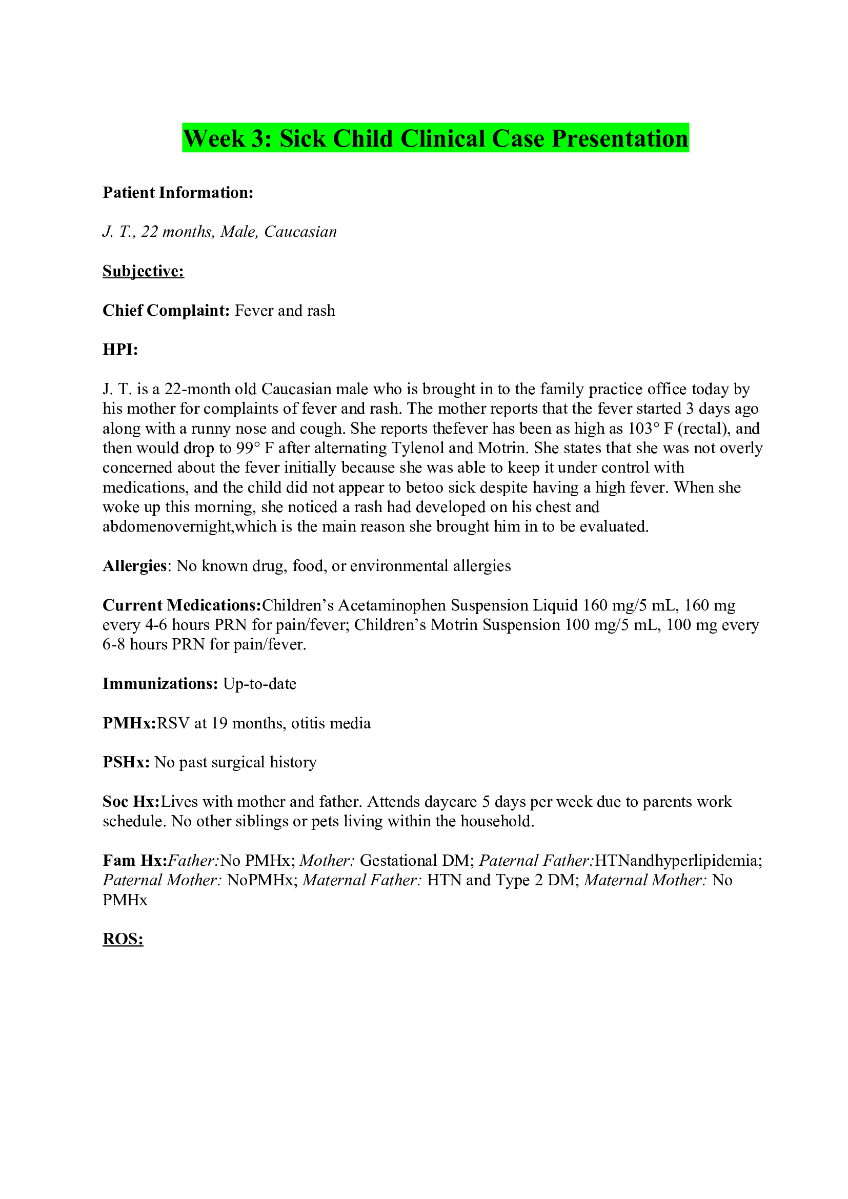 NR602 - Week 3 - Sick Child Clinical Case Presentation