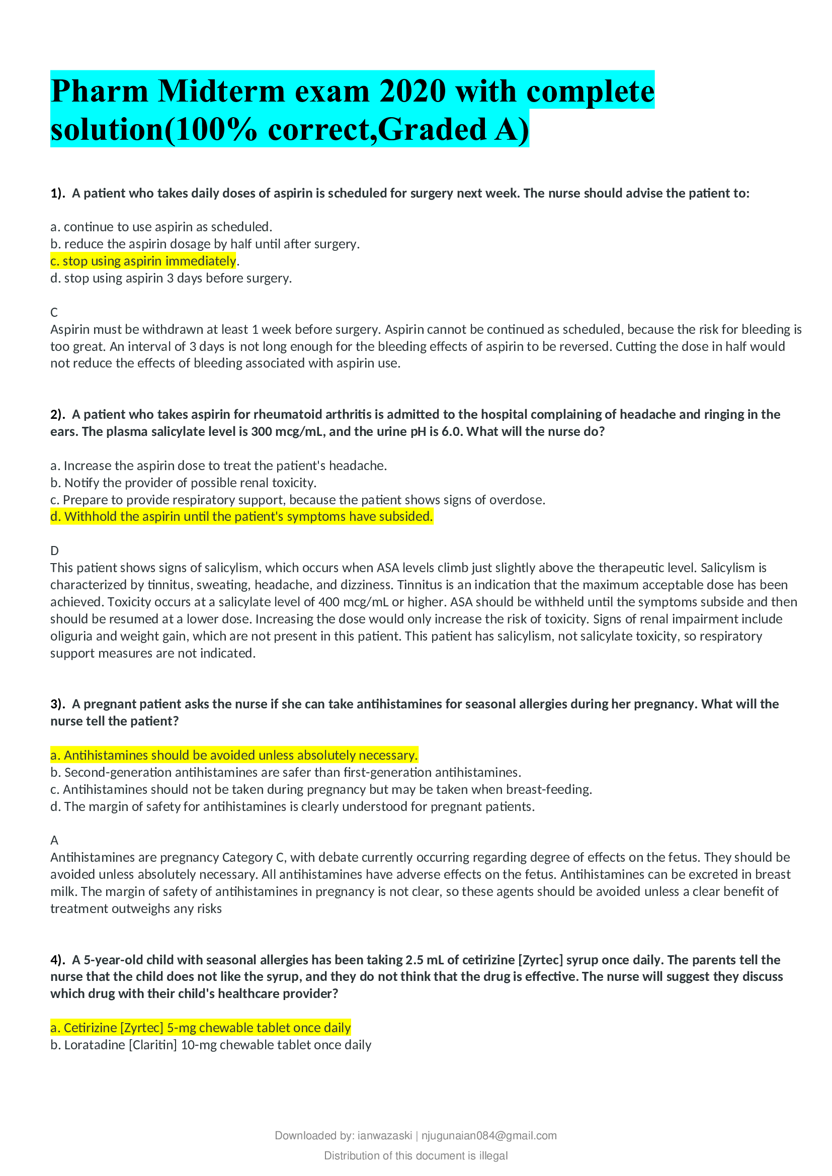 Pharm Midterm exam 2020 with complete solution(100 correct, Graded A)