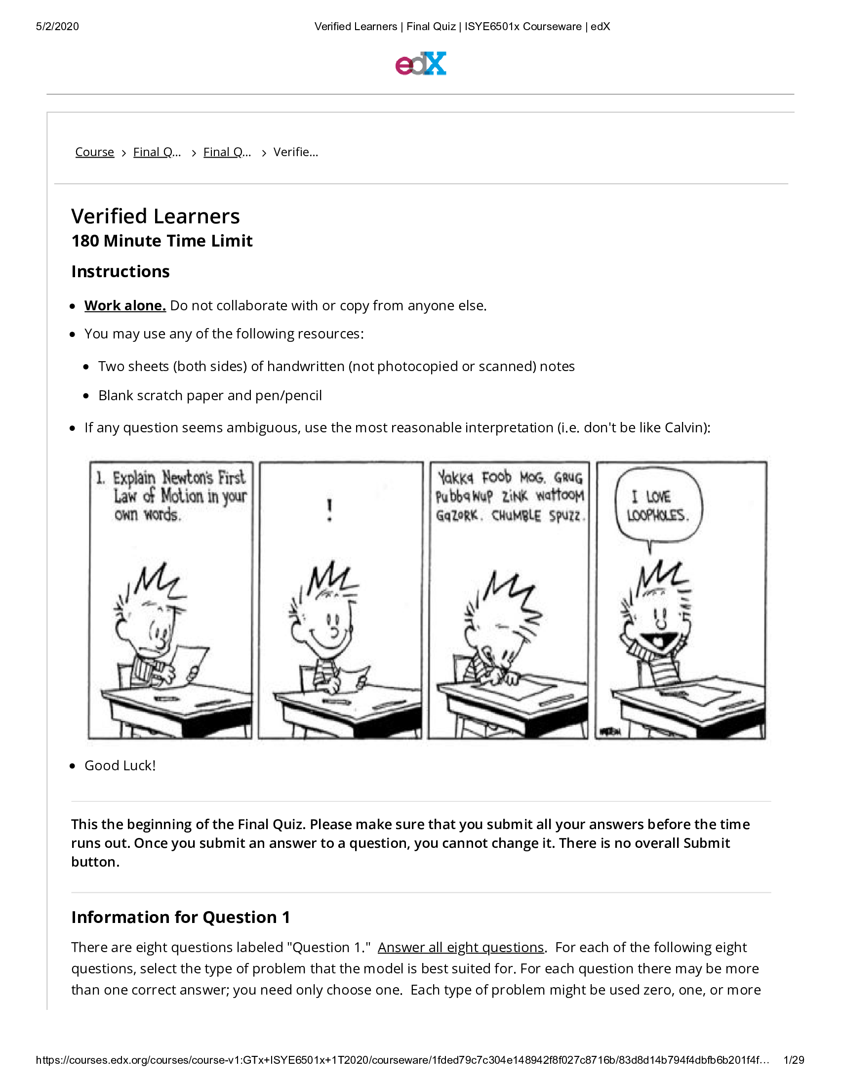 Verified Learners   2021 Final Quiz  ISYE6501x Courseware edX 100 out of 100 points