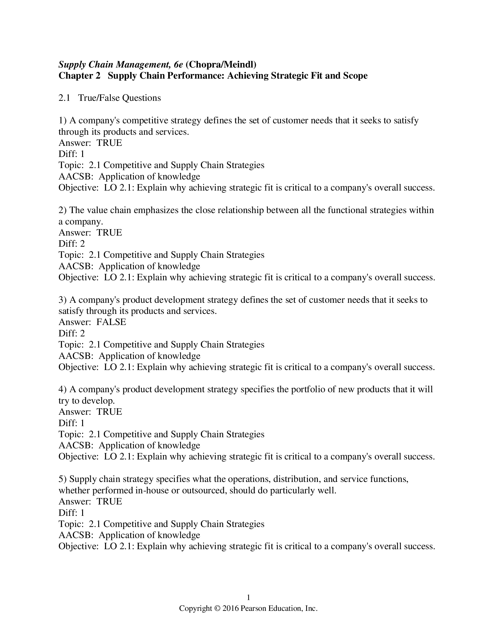 Test Bank for Supply Chain Management Strategy, Planning, and Operation, 6th Edition Authors; Sunil Chopra
