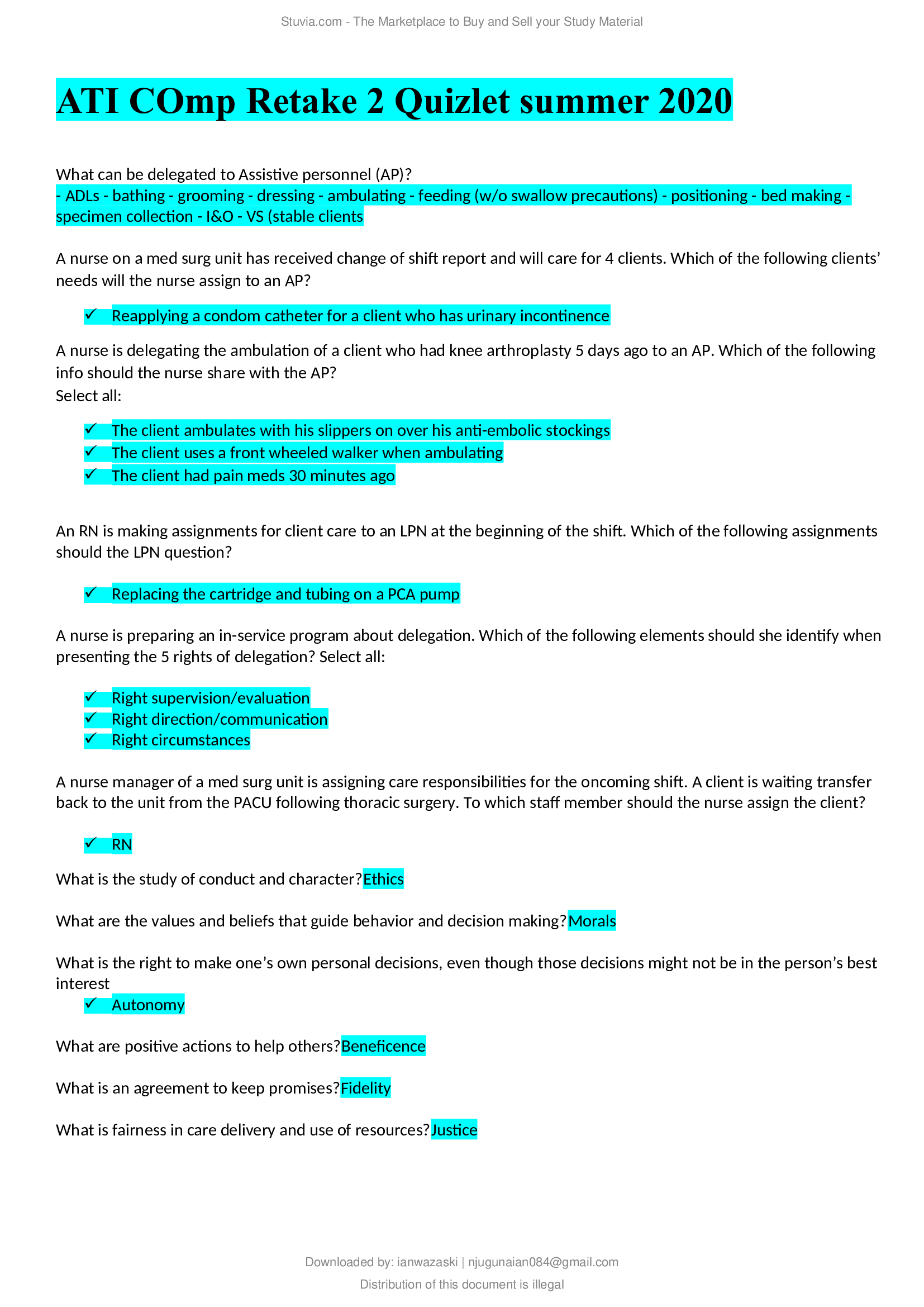 ATI Comp Retake 2 Quizlet summer