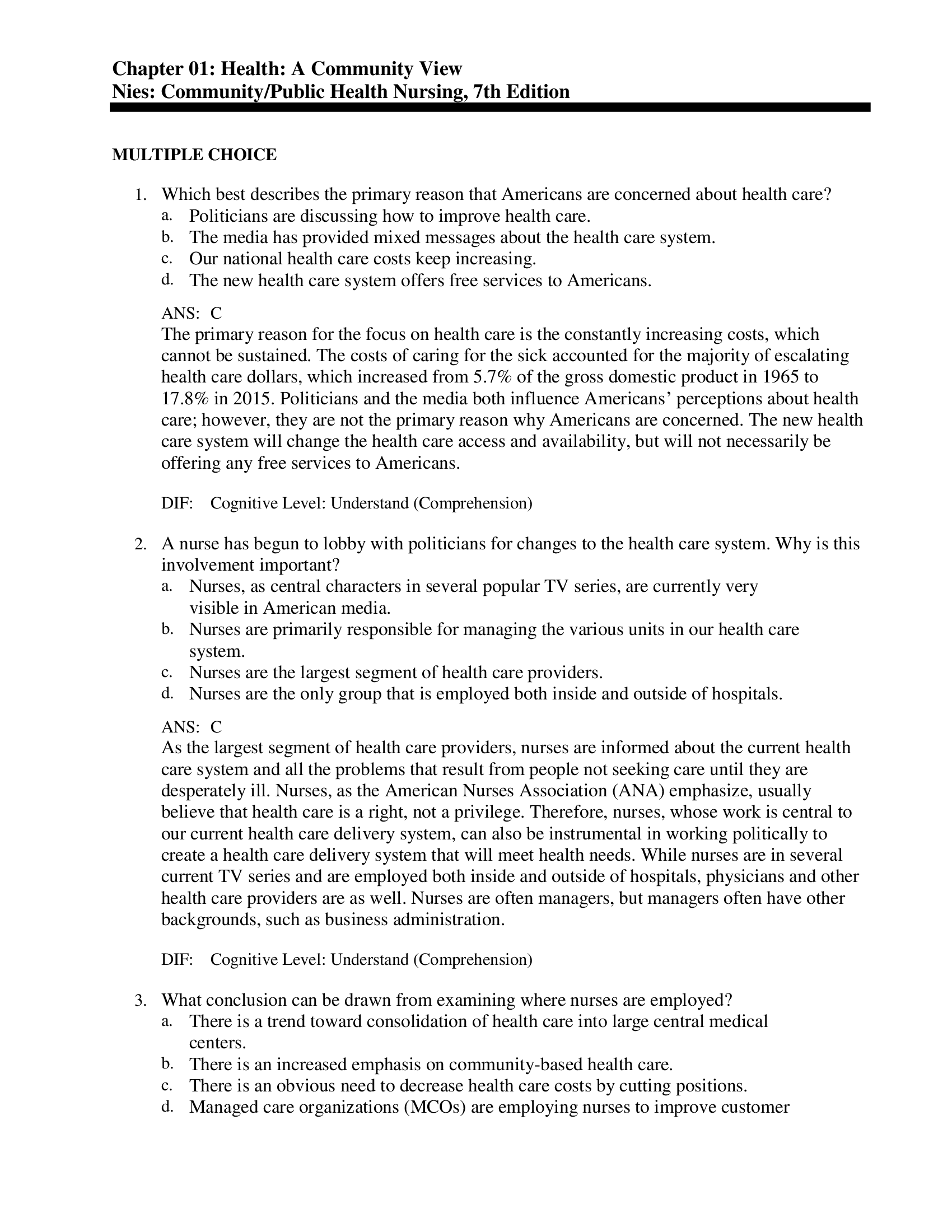 Test Bank For Community Public Health Nursing, 8th Edition by Nies