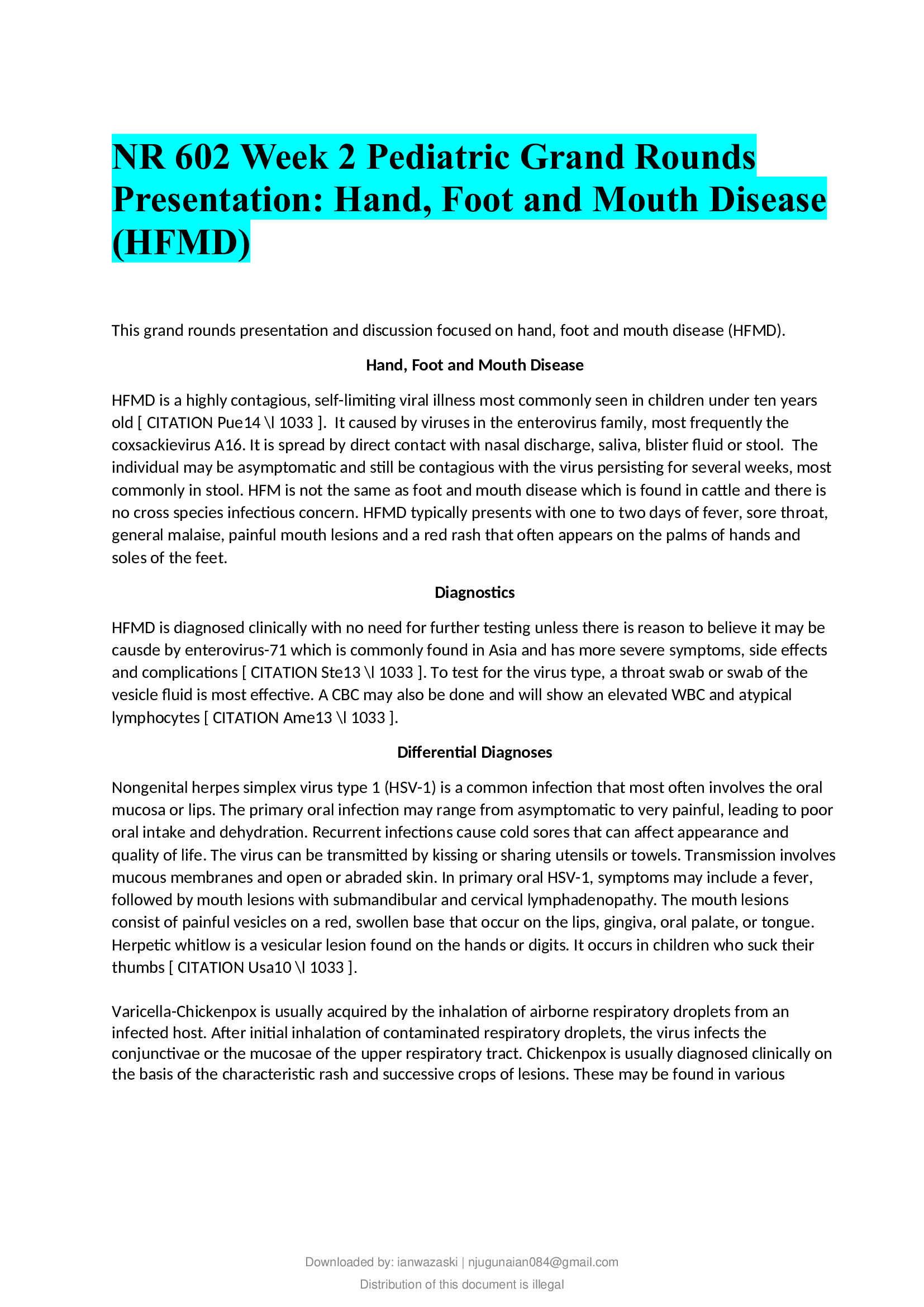 NR 602 Week 2 Pediatric Grand Rounds Presentation; Hand, Foot and Mouth Disease (HFMD)