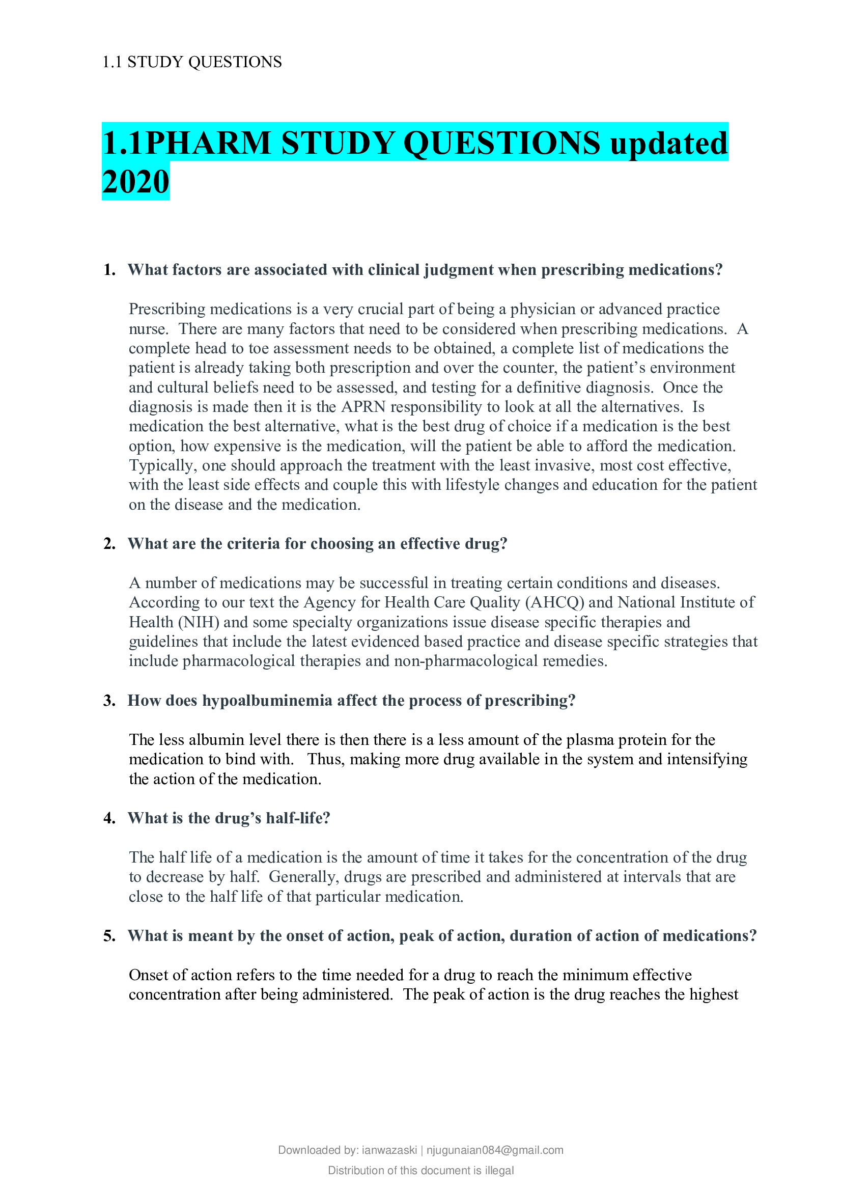 1.1PHARM STUDY QUESTIONS Updated 2020