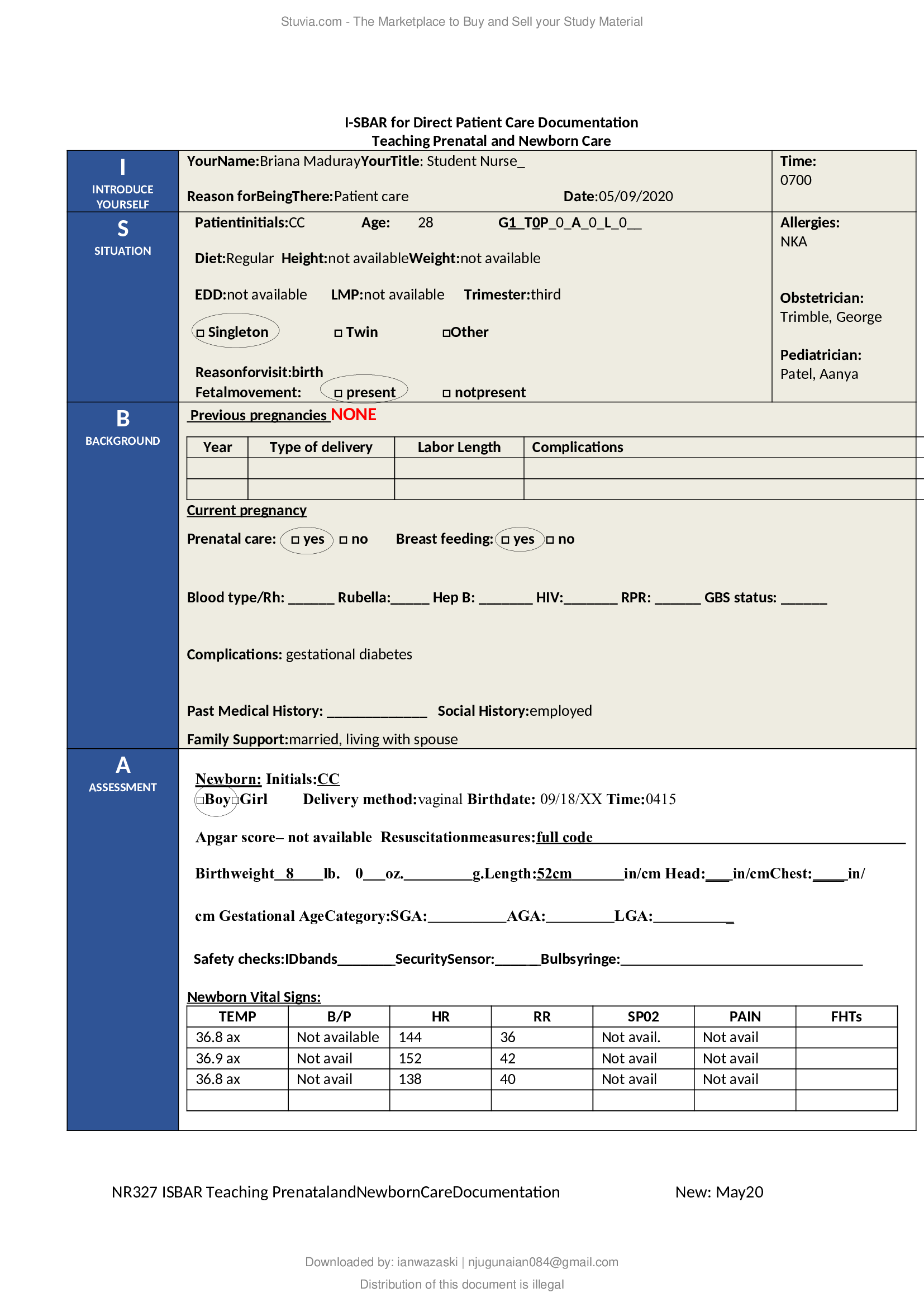 NR 327 - Newborn Teaching ISBAR