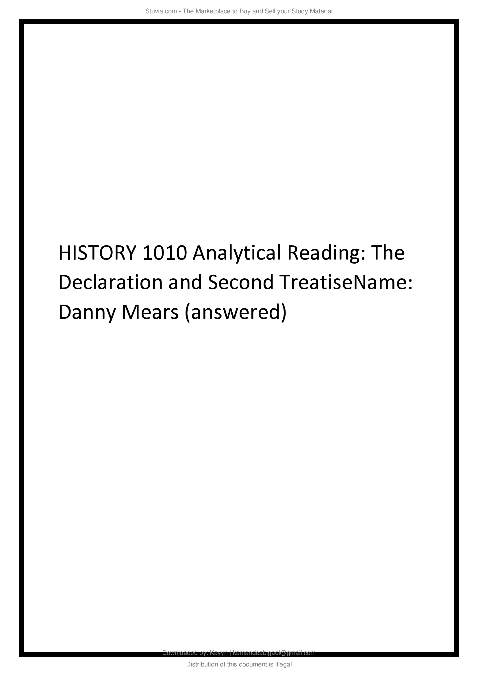 HISTORY 1010 Analytical Reading The Declaration and Second Treatise (answered)