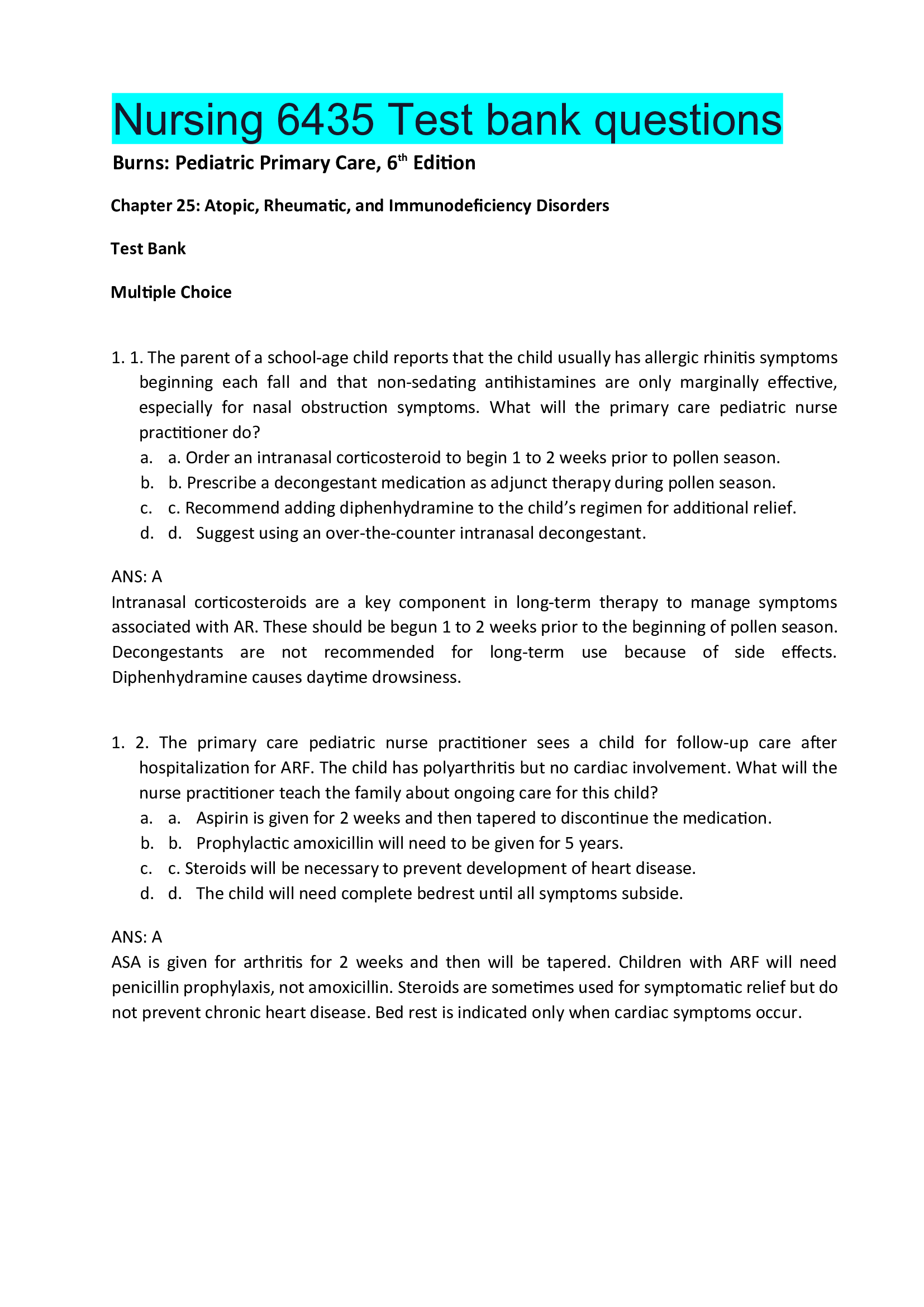 Nursing 6435 Test bank questions Latest 2021
