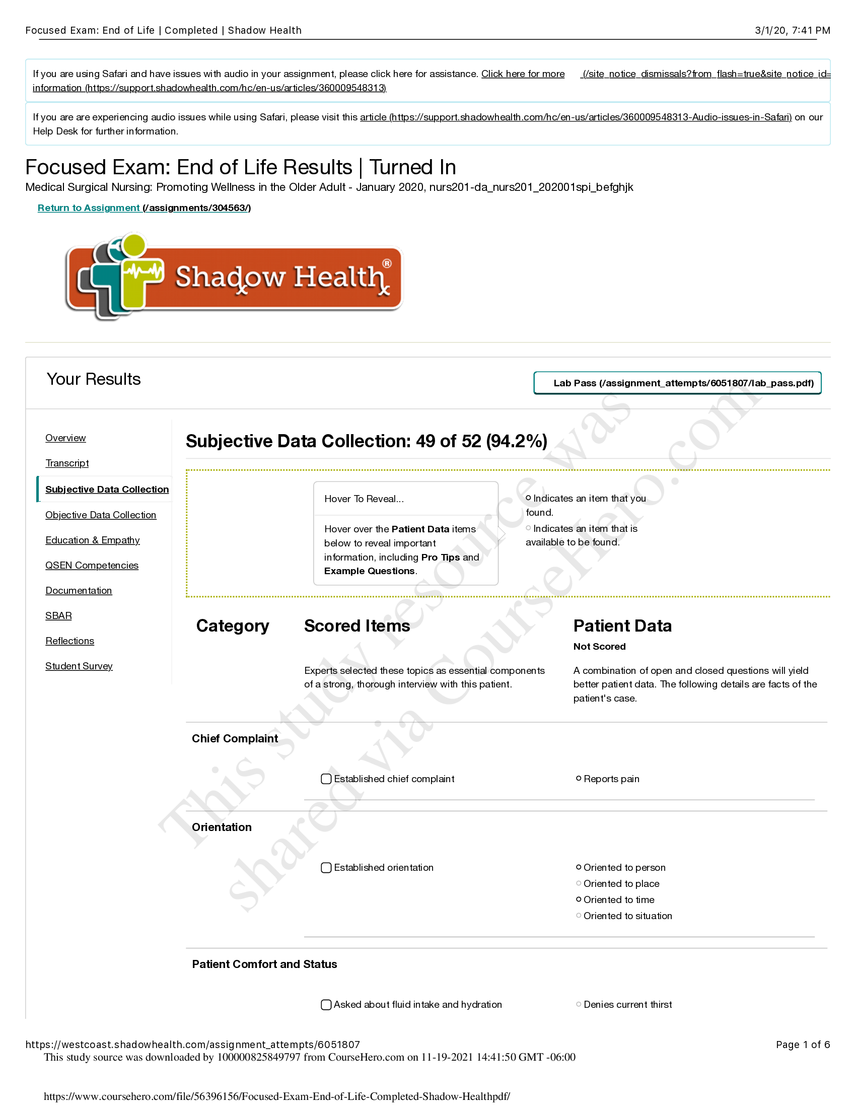 NUR HEALTH ASS Focused Exam End of Life  Completed  Shadow Health