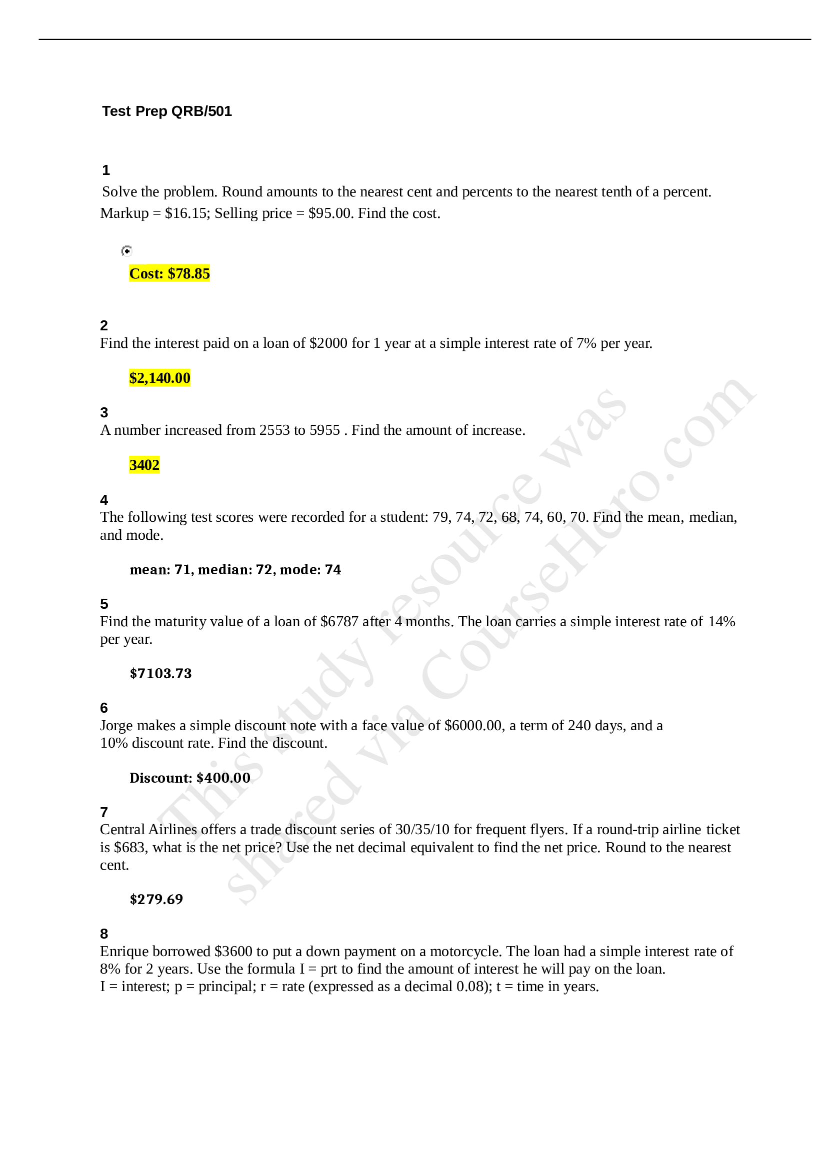 Test Prep QRB501 with complete solution (These questions are frequently tested in the final exams) Graded A