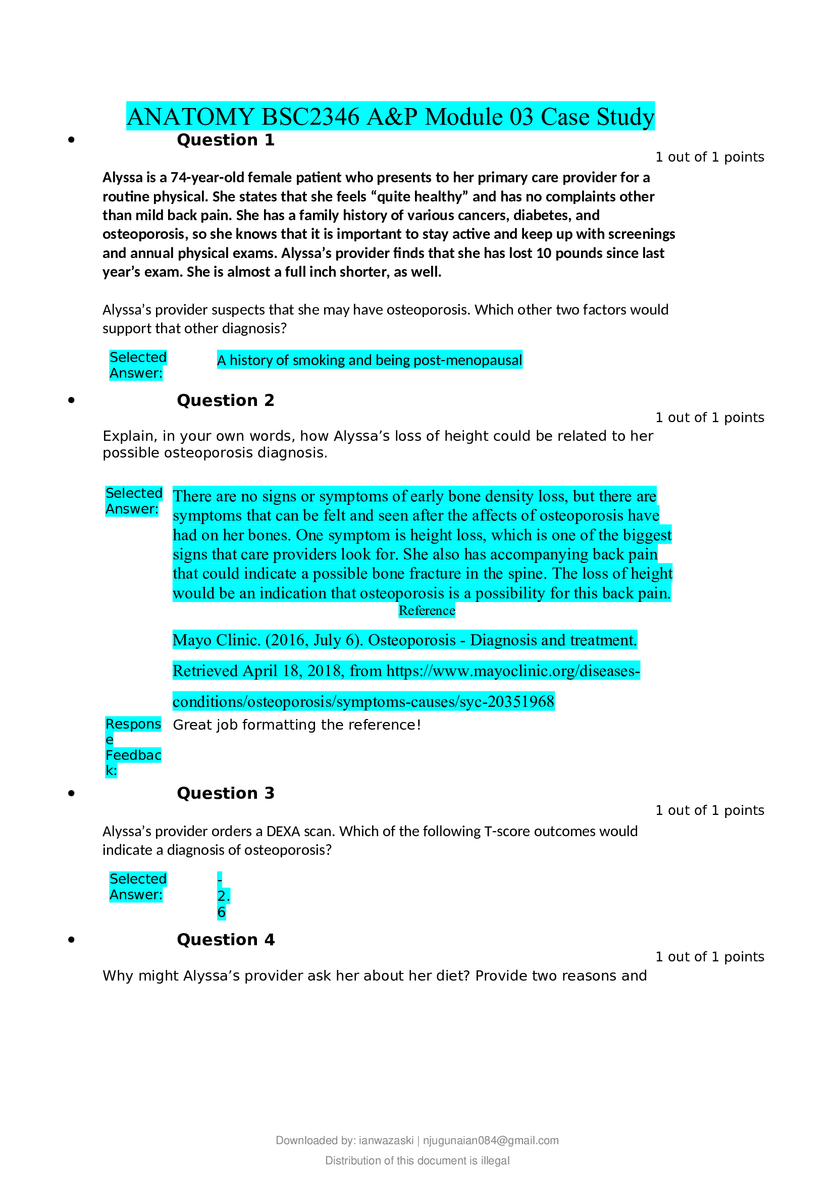 ANATOMY BSC2346 A&P Module 03 Case Study, latest 2020 complete solutions 100 correct
